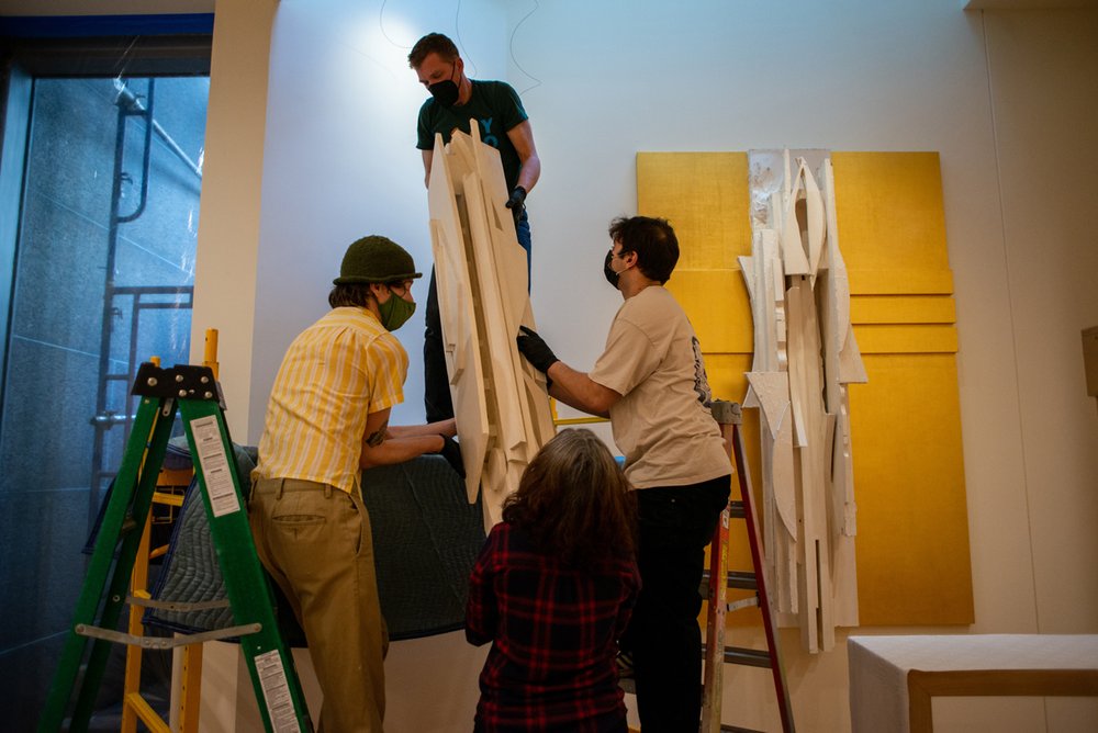  Returning the first  Trinity Column  to its place. Photo by Andrew Seng. 