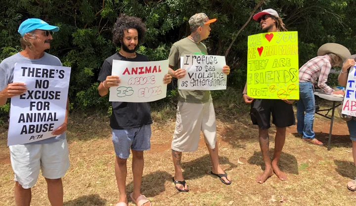 A couple dozen people participated in the 5th Annual Protest Against Annual Cruelty at the Makawao Rodeo, July 2019.