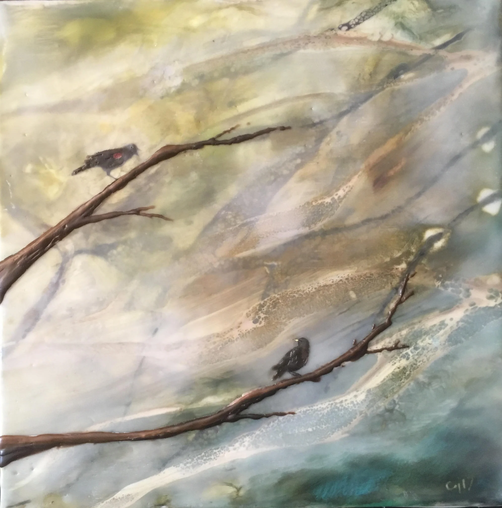 "If Only a Dream" 10x10" framed encaustic mixed media on cradle board SOLD 2017