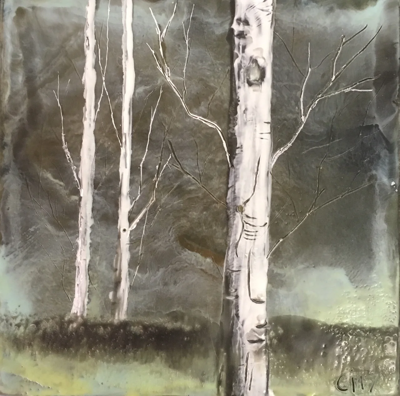 "Storm's Comin'" 4x4" unframed encaustic mixed media on board DONATED 2017