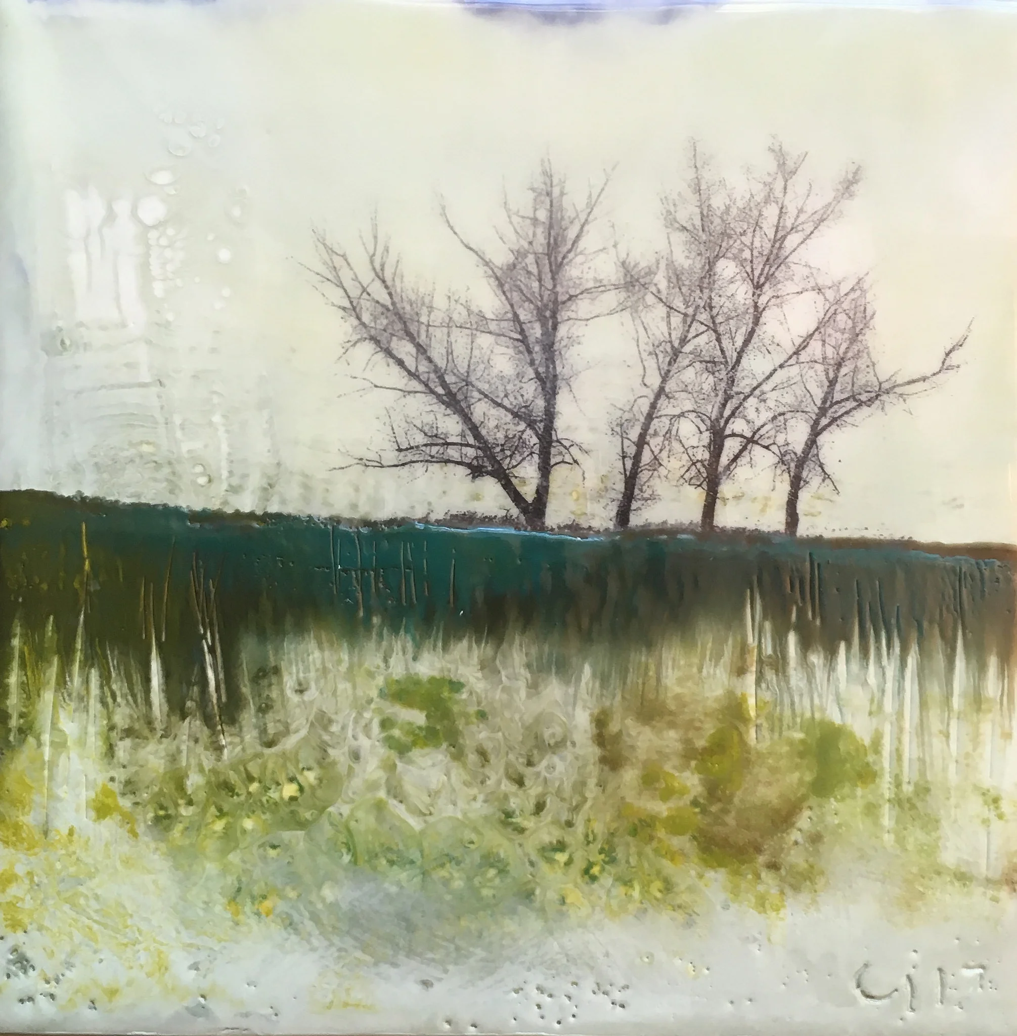 "The Stalwarts" 4x4" unframed encaustic mixed media on board SOLD 2017