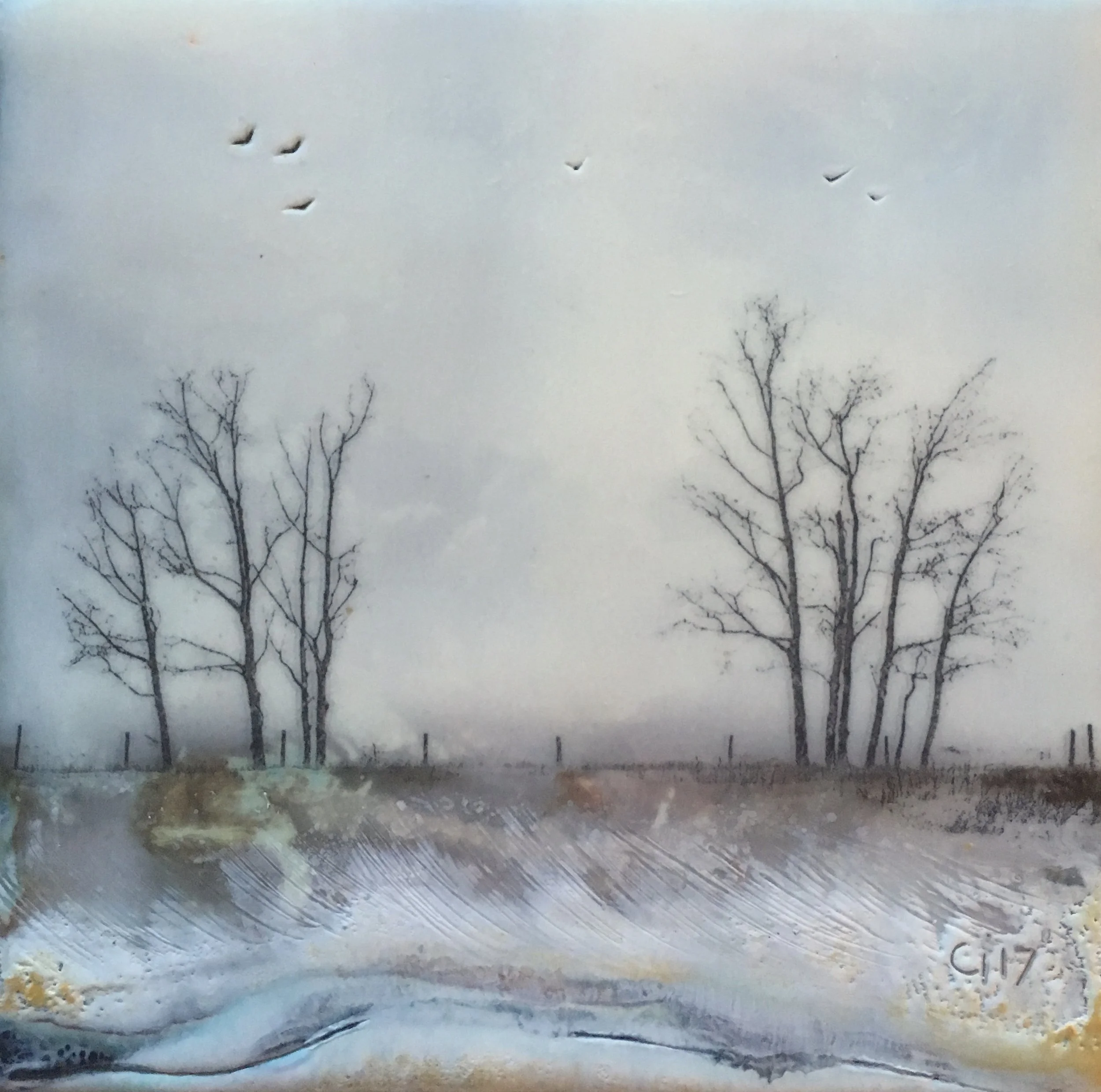 "The Trees by our Place" 6x6" unframed encaustic mixed media on cradle board SOLD 2017