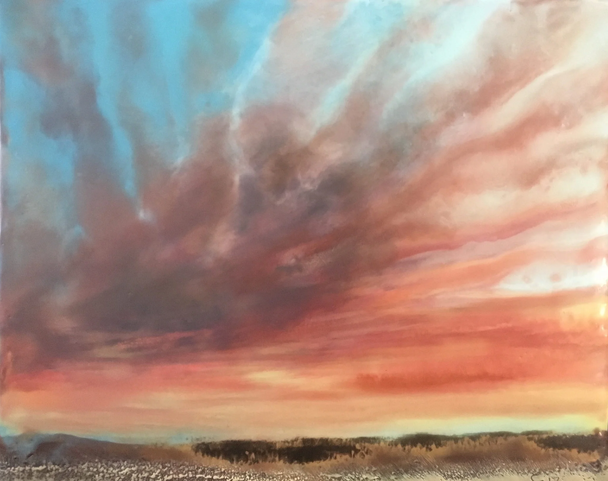 "And the Sun Still Rises" 8x11" unframed encaustic mixed media on cradle board DONATED 2017