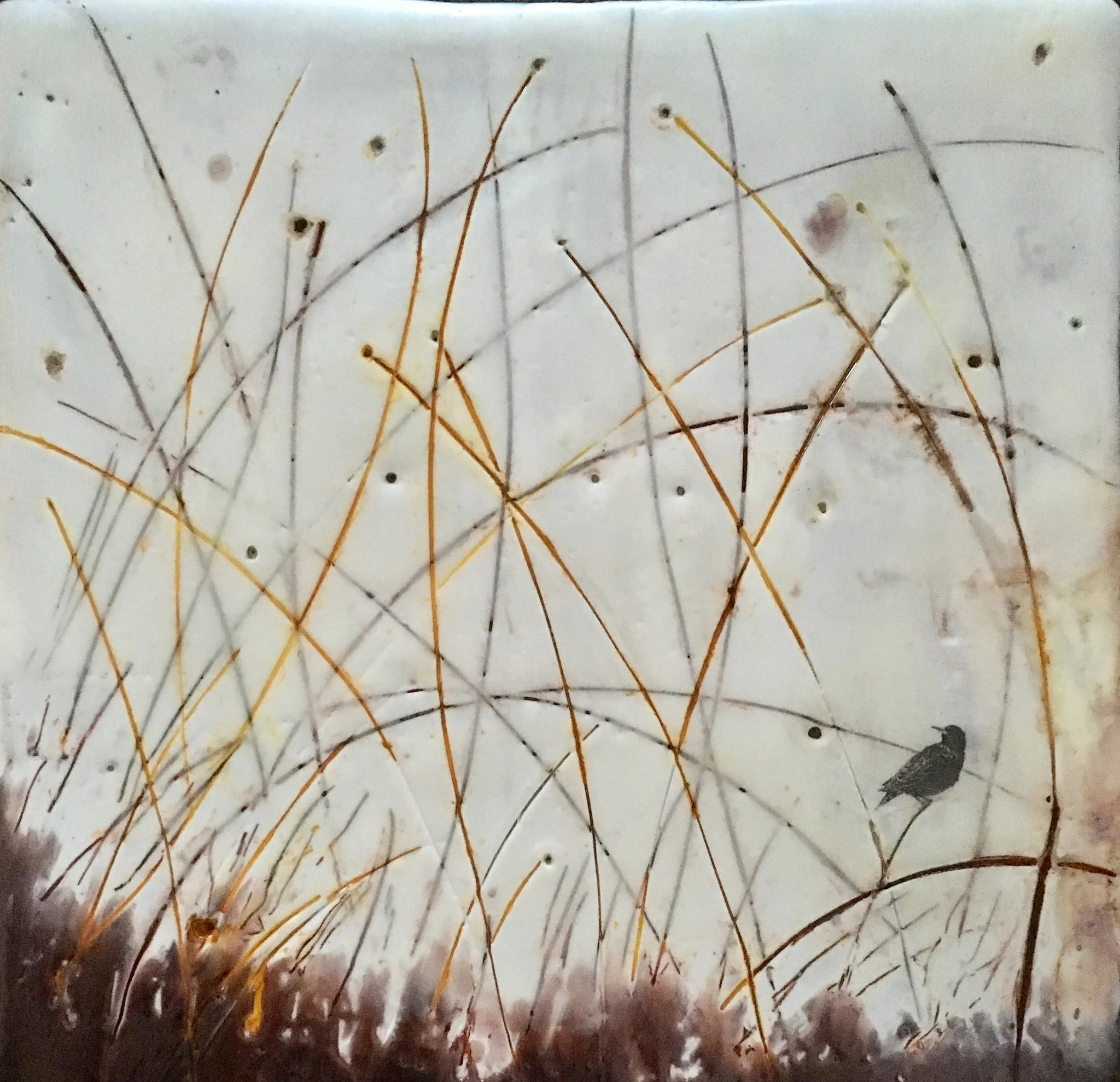 "Dreaming of Starlings III" 6x6" framed encaustic mixed media on board SOLD 2017