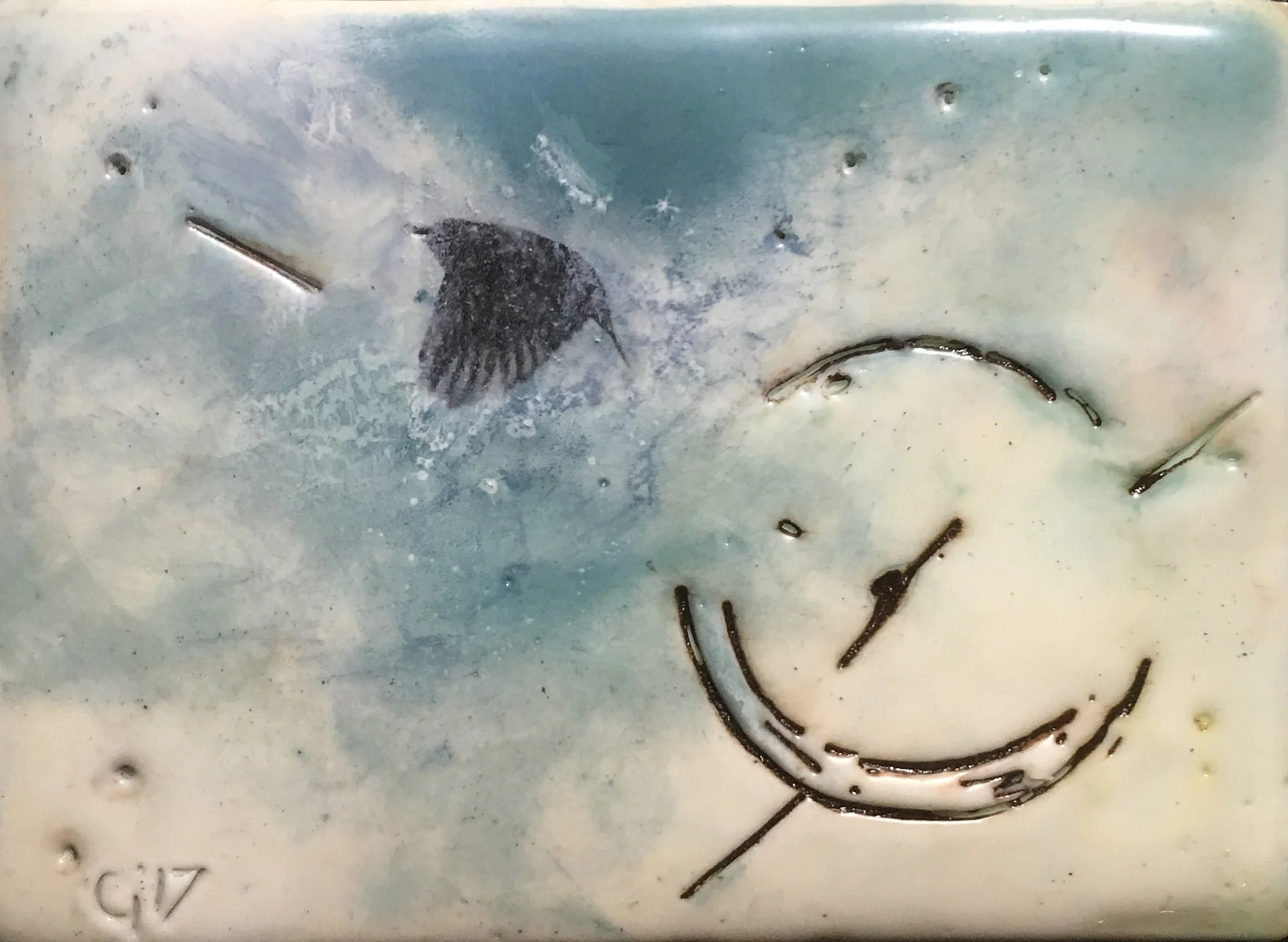 "Dreaming of Starlings I" 2x3" framed encaustic mixed media on board SOLD 2017