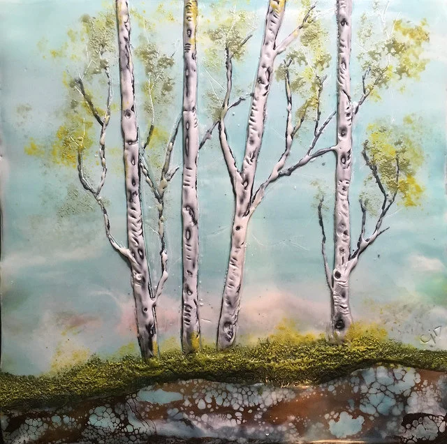 "Tree Stand" 8x8" framed encaustic mixed media on cradle board SOLD 2017