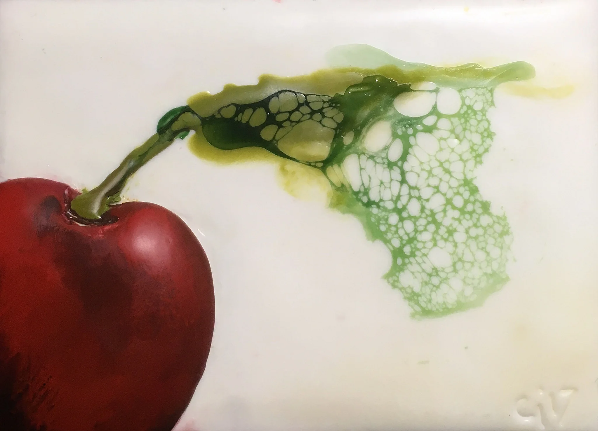 "Cherry Red" 2x3" framed encaustic mixed media on board SOLD 2017