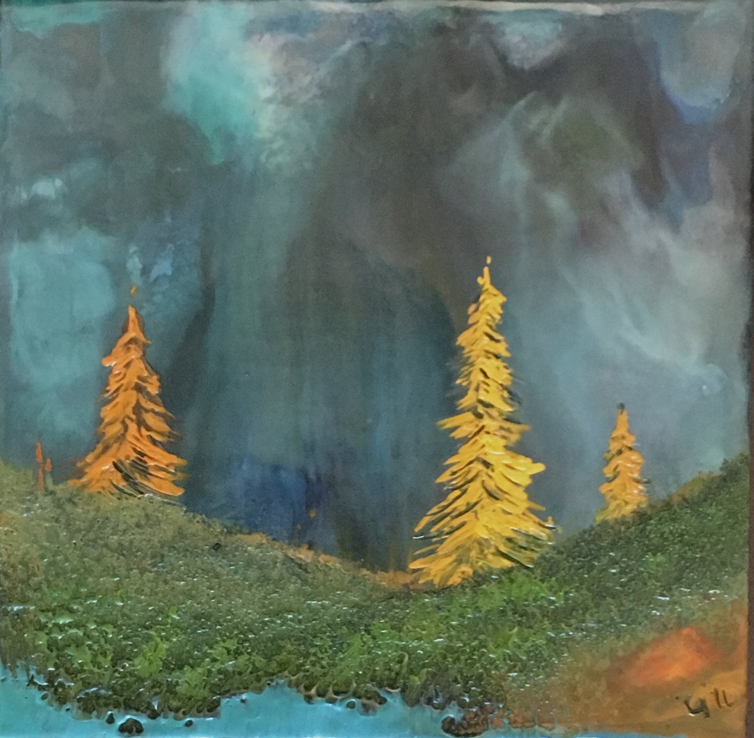 "Mountain Larch" 6x6" framed encaustic mixed media on cradle board SOLD 2016