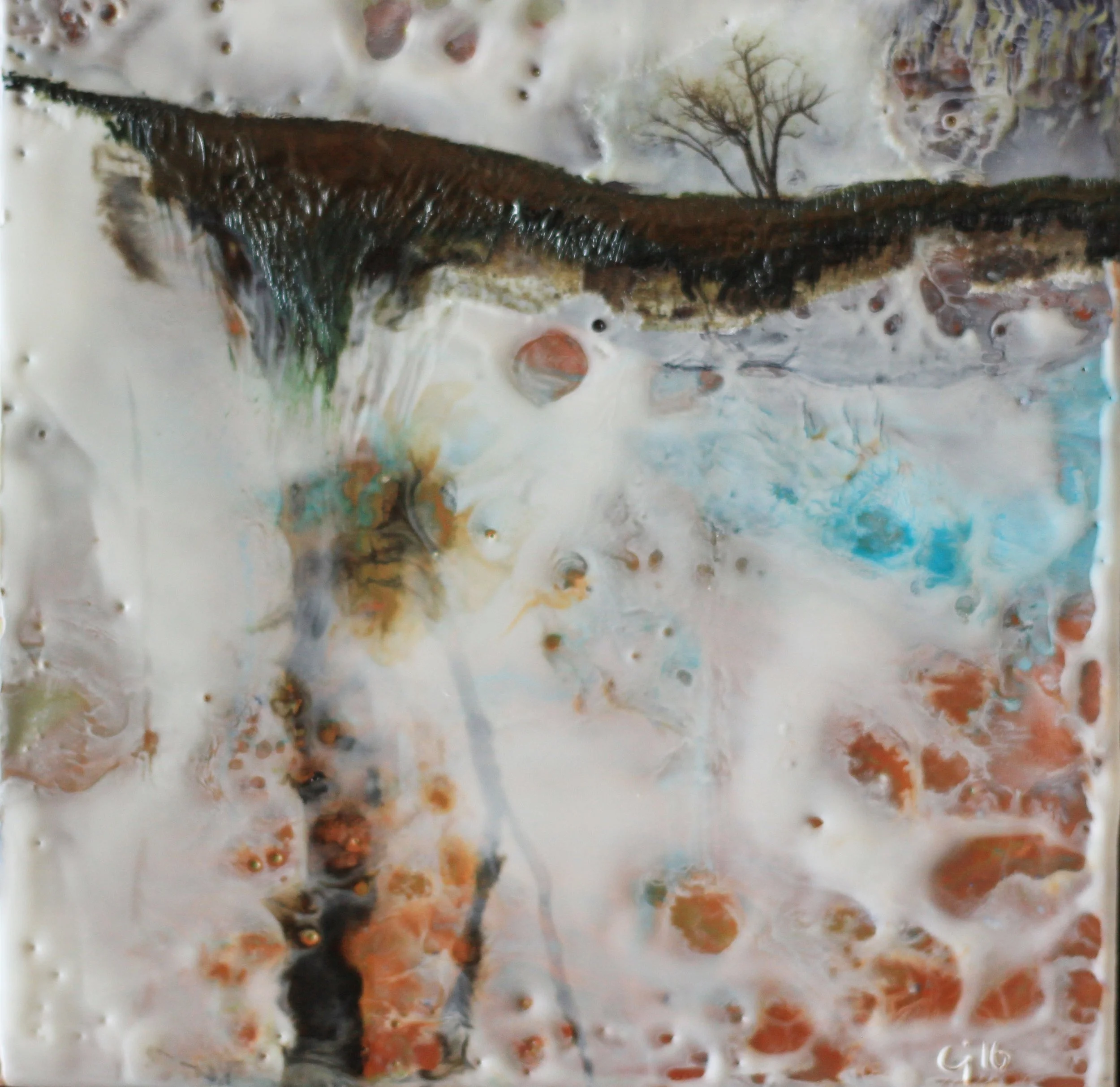 "Premonition" 6x6" framed encaustic mixed media on cradle board SOLD 2016