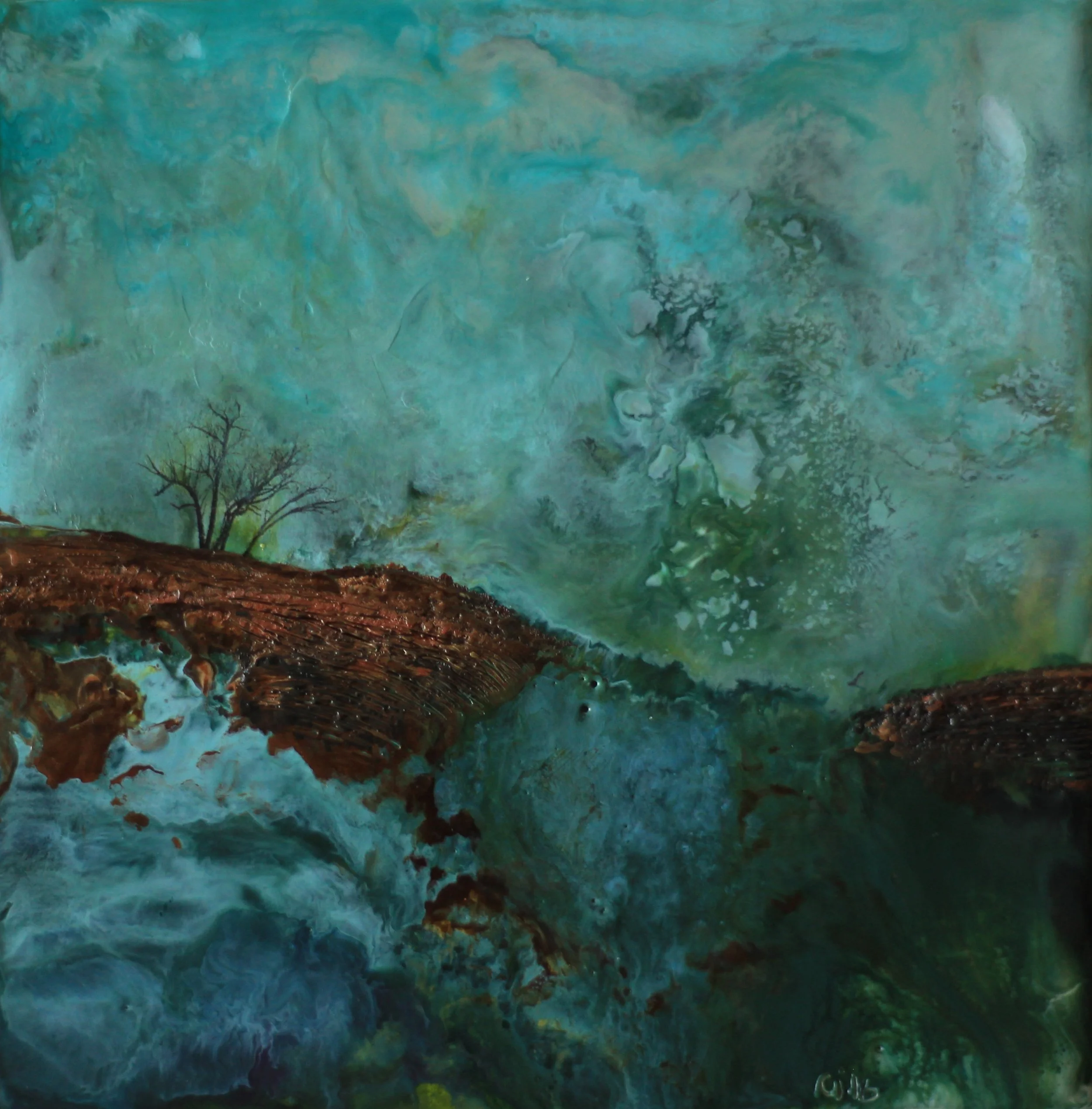 "Elucidation" 6x6" framed encaustic mixed media on cradle board SOLD 2016