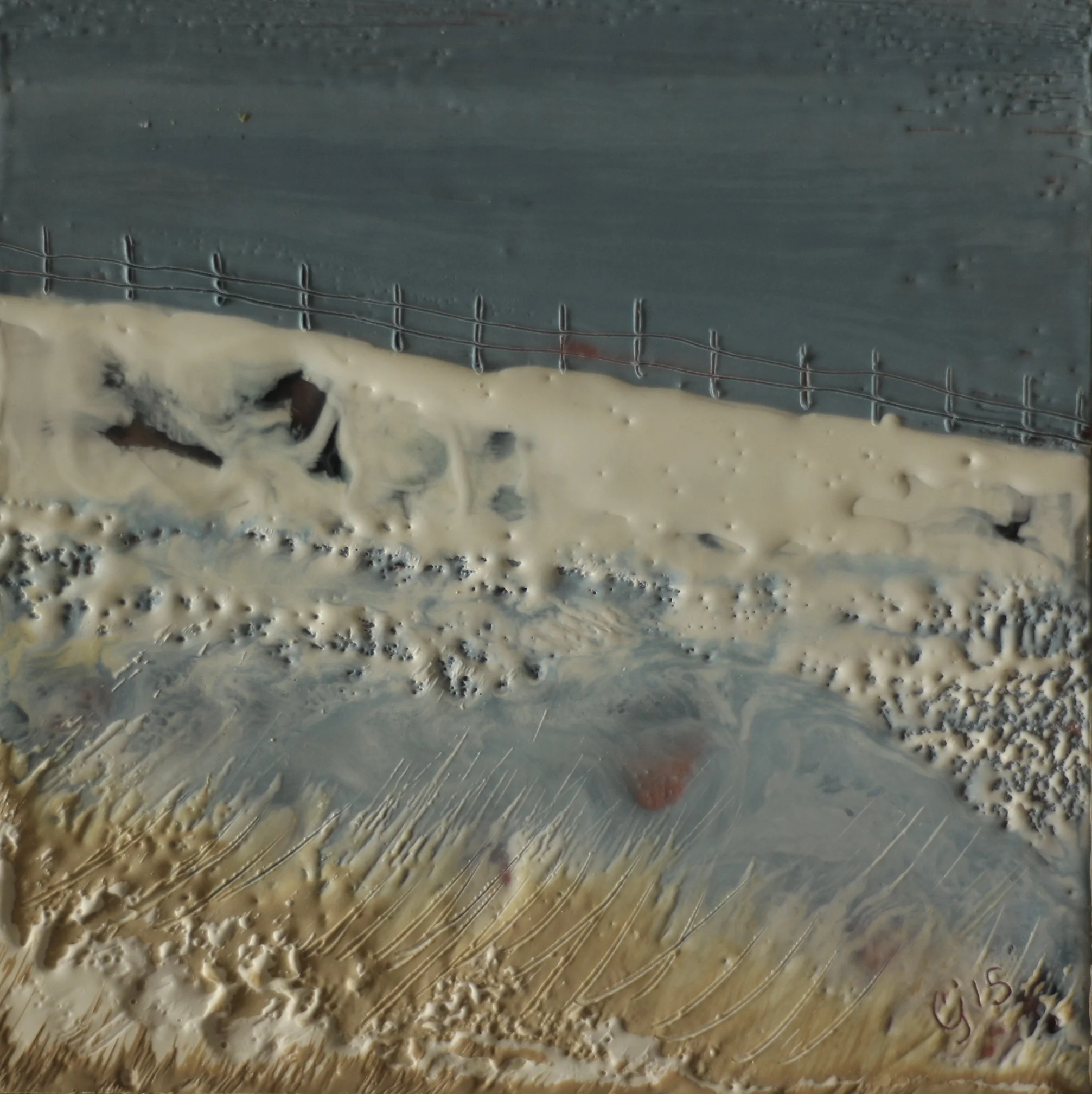 "Winter in Alberta" 5x5" framed encaustic mixed media on cradle board SOLD 2015