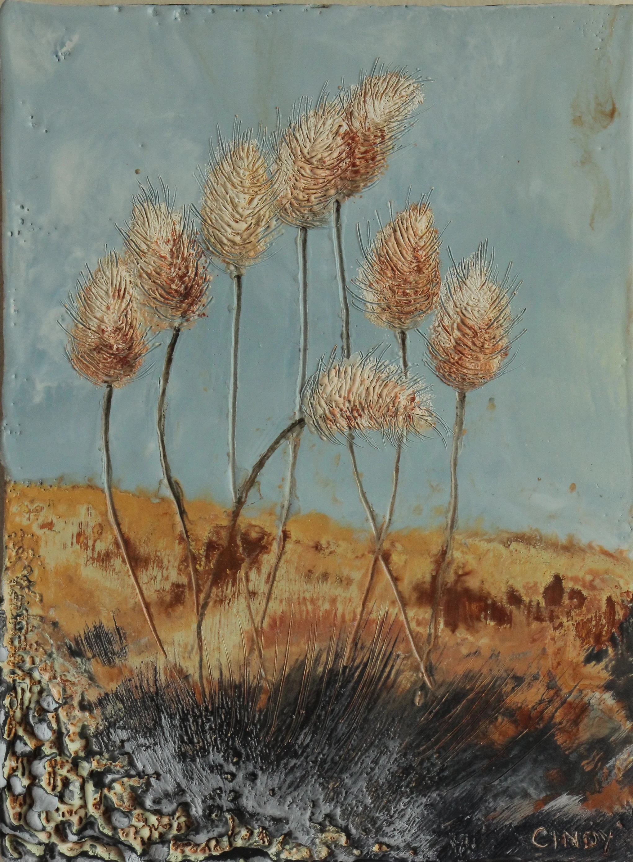 "Bunny Tails" 5x7" framed encaustic mixed media on board DONATED 2014