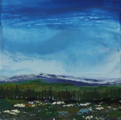 "Beyond the Ridge" 5x5" framed encaustic mixed media on board $50 2010