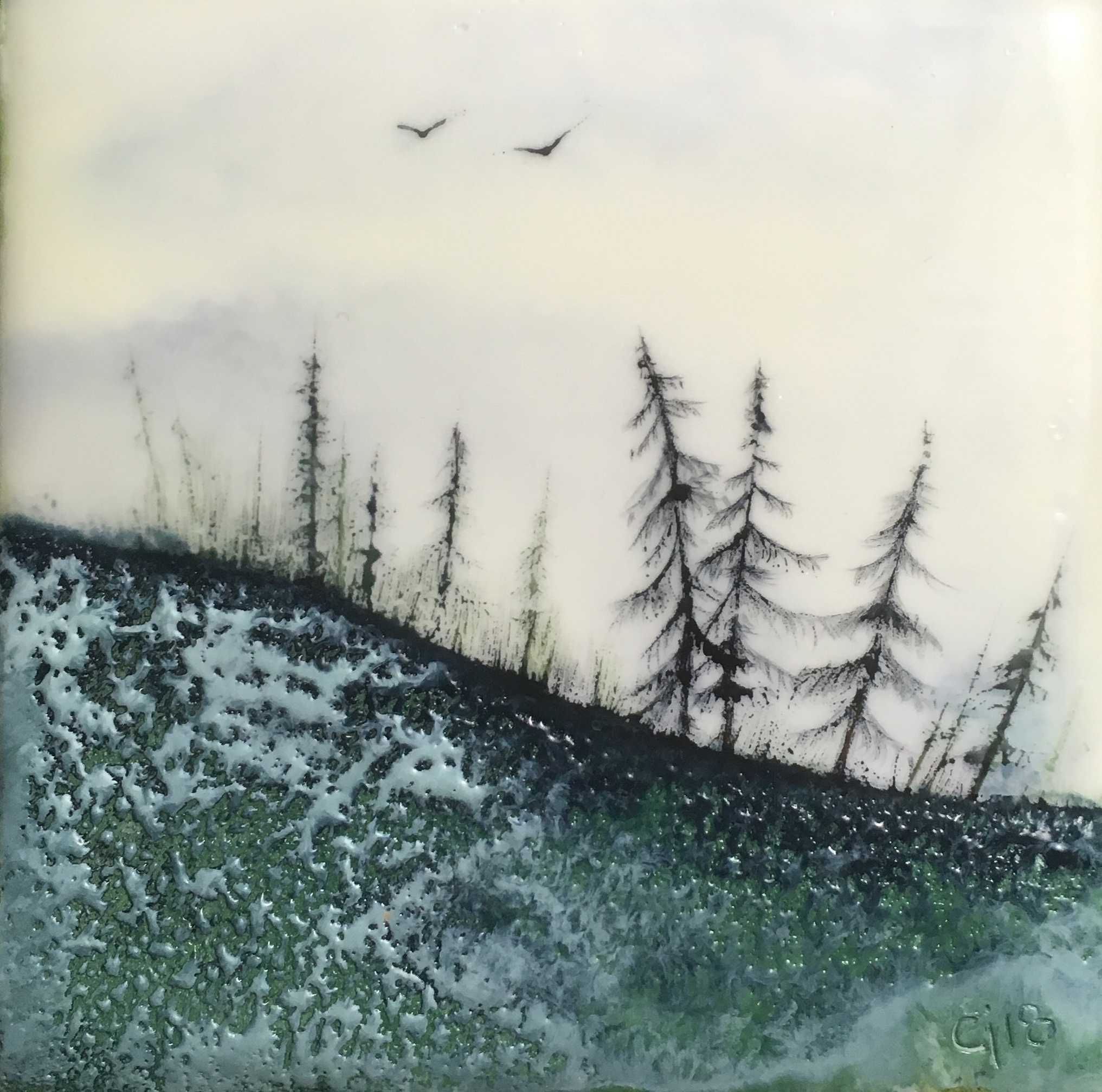 "Blue Noon” 4x4” unframed encaustic mixed media on board SOLD 2018