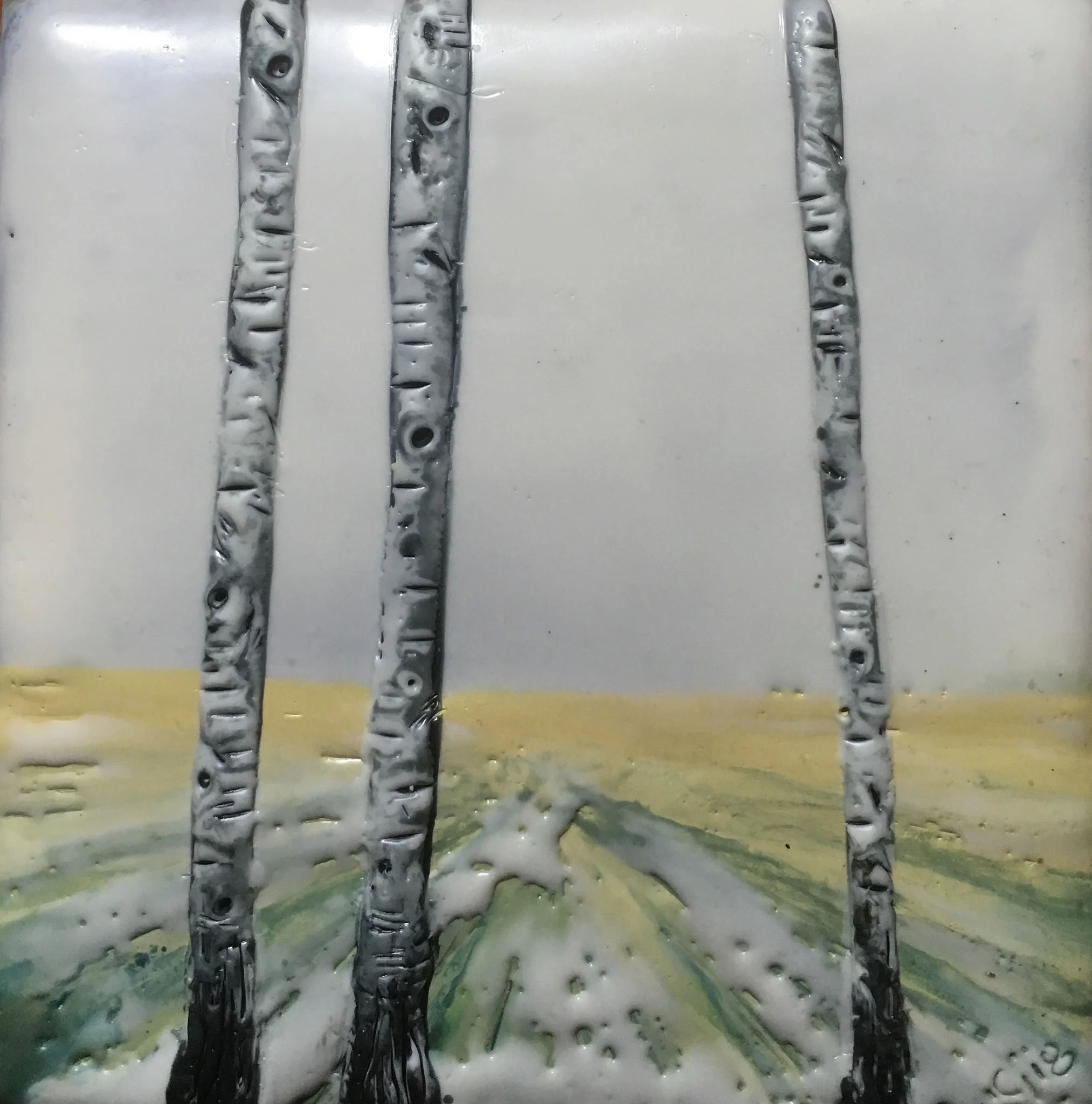 The Neighbour’s Field” 4x4” unframed encaustic mixed media on board $75 2018