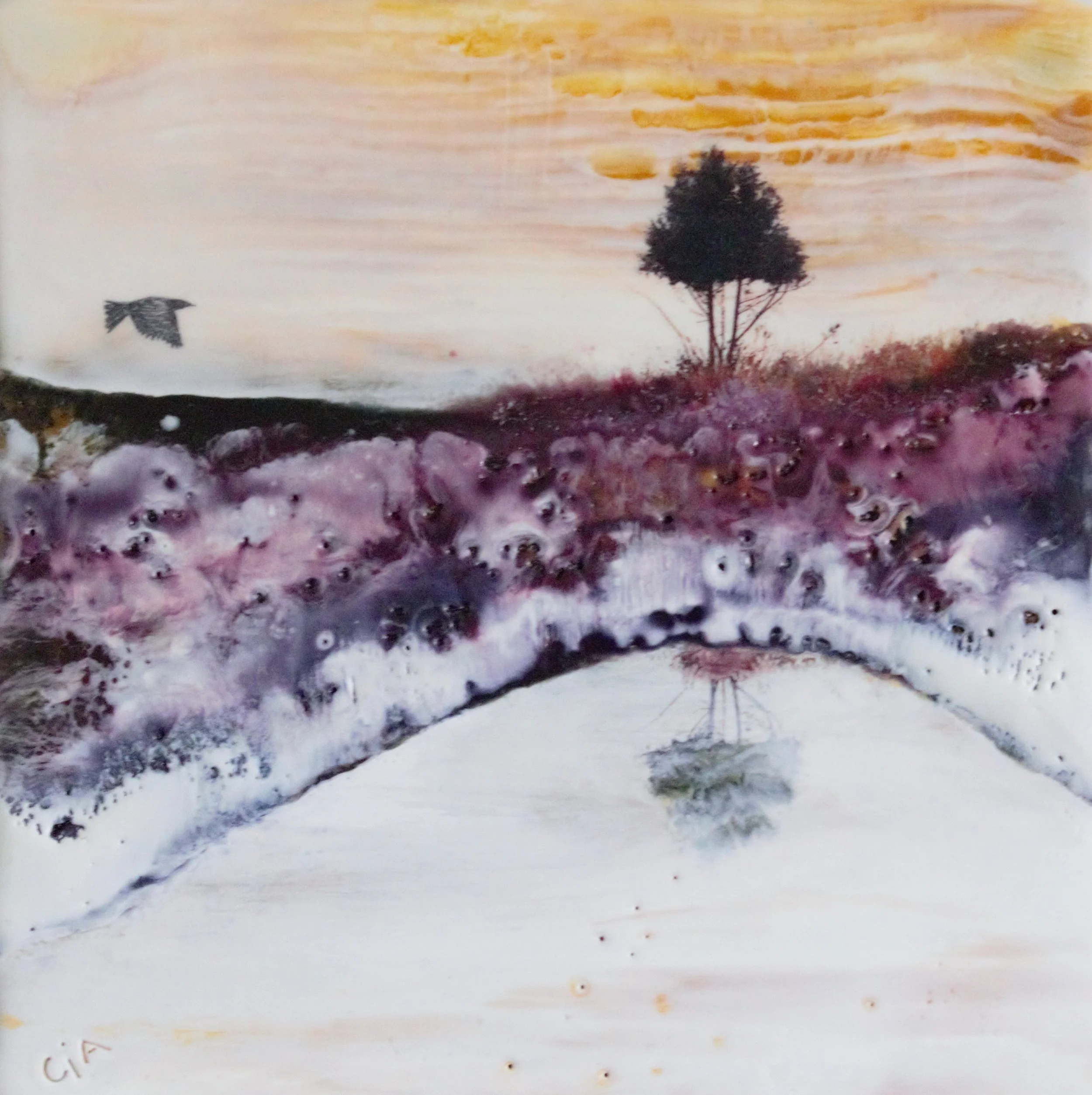 "Beautiful Oblivion” 8x8" framed encaustic mixed media on cradle board SOLD 2018