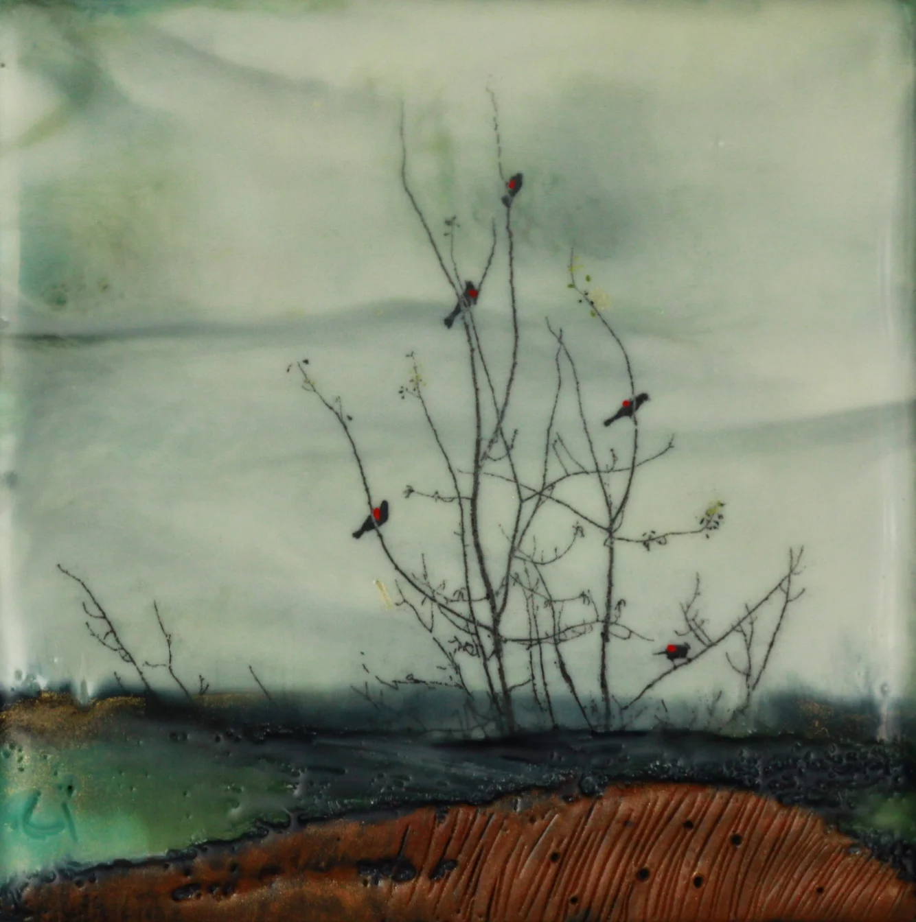 "Good Neighbours” 4x4” unframed encaustic mixed media on board SOLD 2018