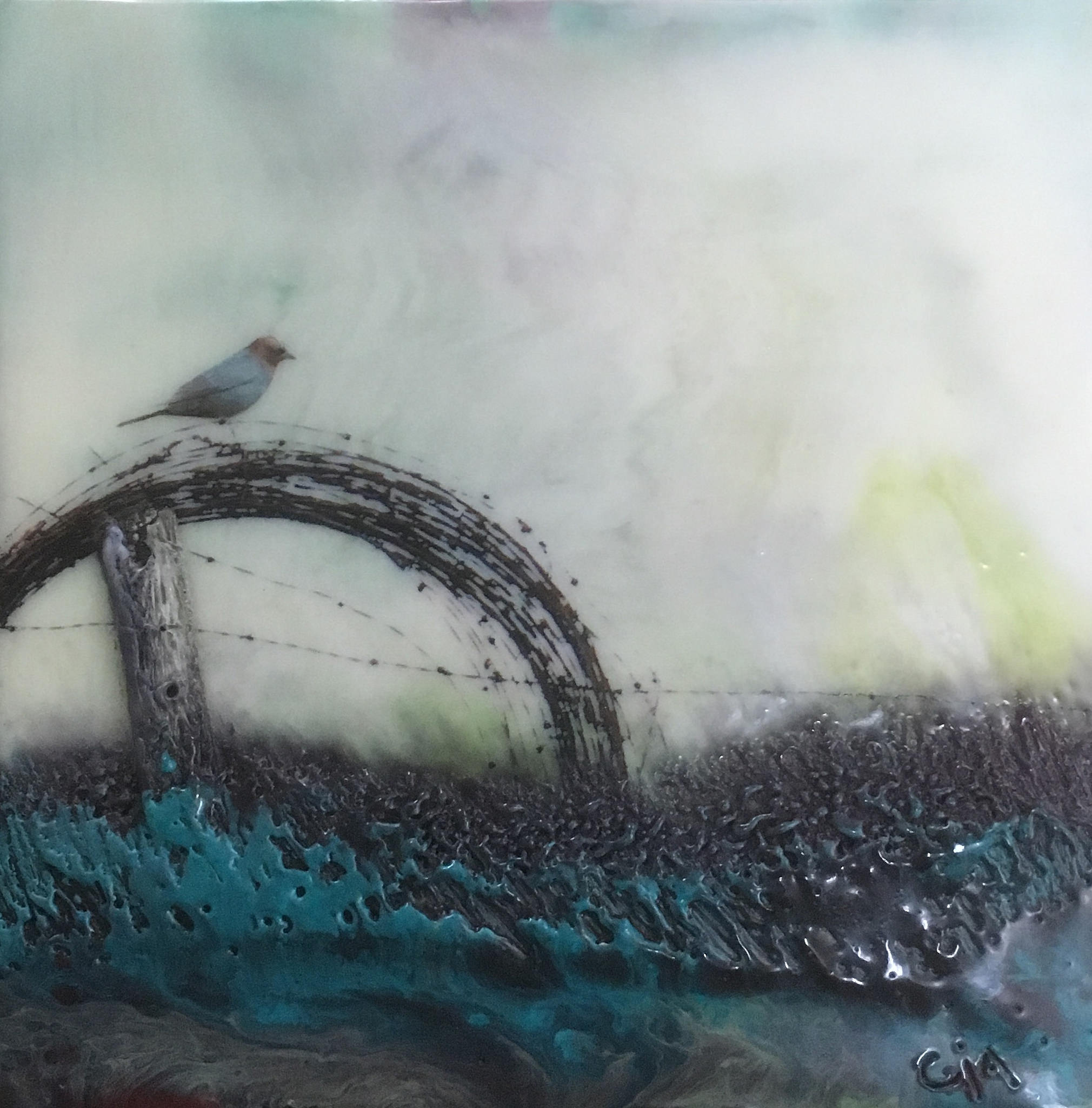 "Point of View” 6x6” framed encaustic mixed media on board SOLD 2018