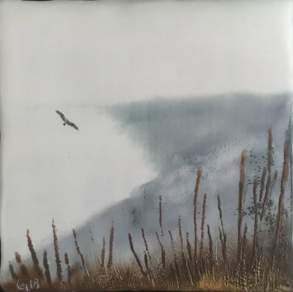 "Knox Mountain Osprey” 5x5” framed encaustic mixed media on board DONATED 2018