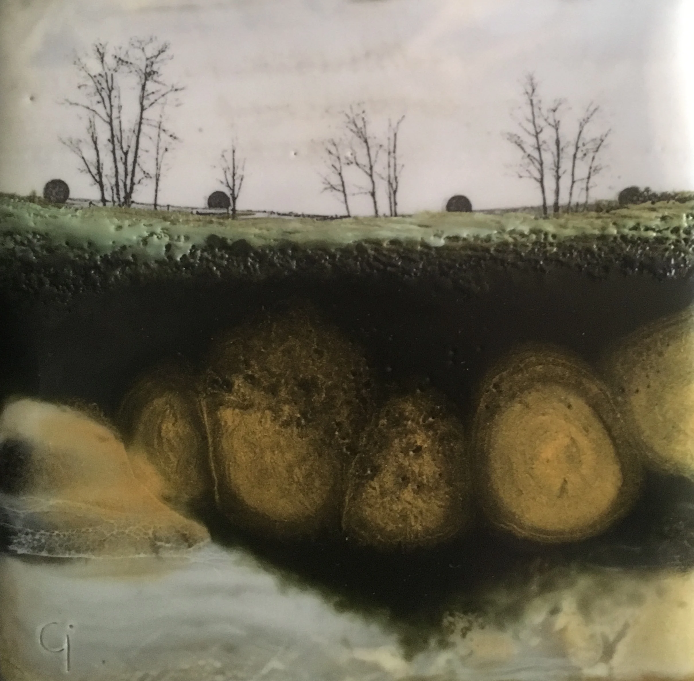 "Prairie Gold” 4x4” framed encaustic mixed media on board SOLD 2018