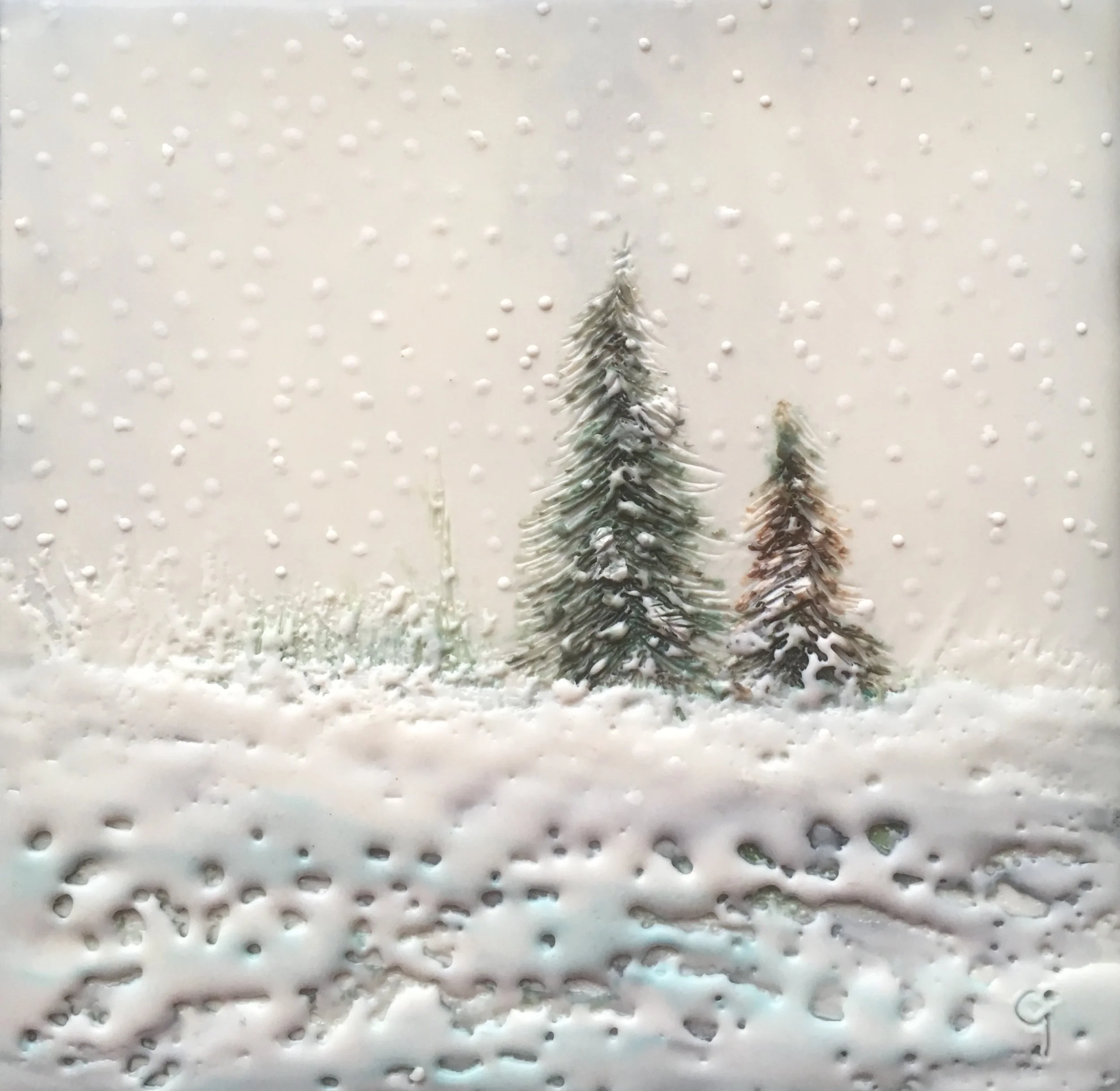 "Christmas Morning” 6x6” framed encaustic mixed media on board NFS 2018