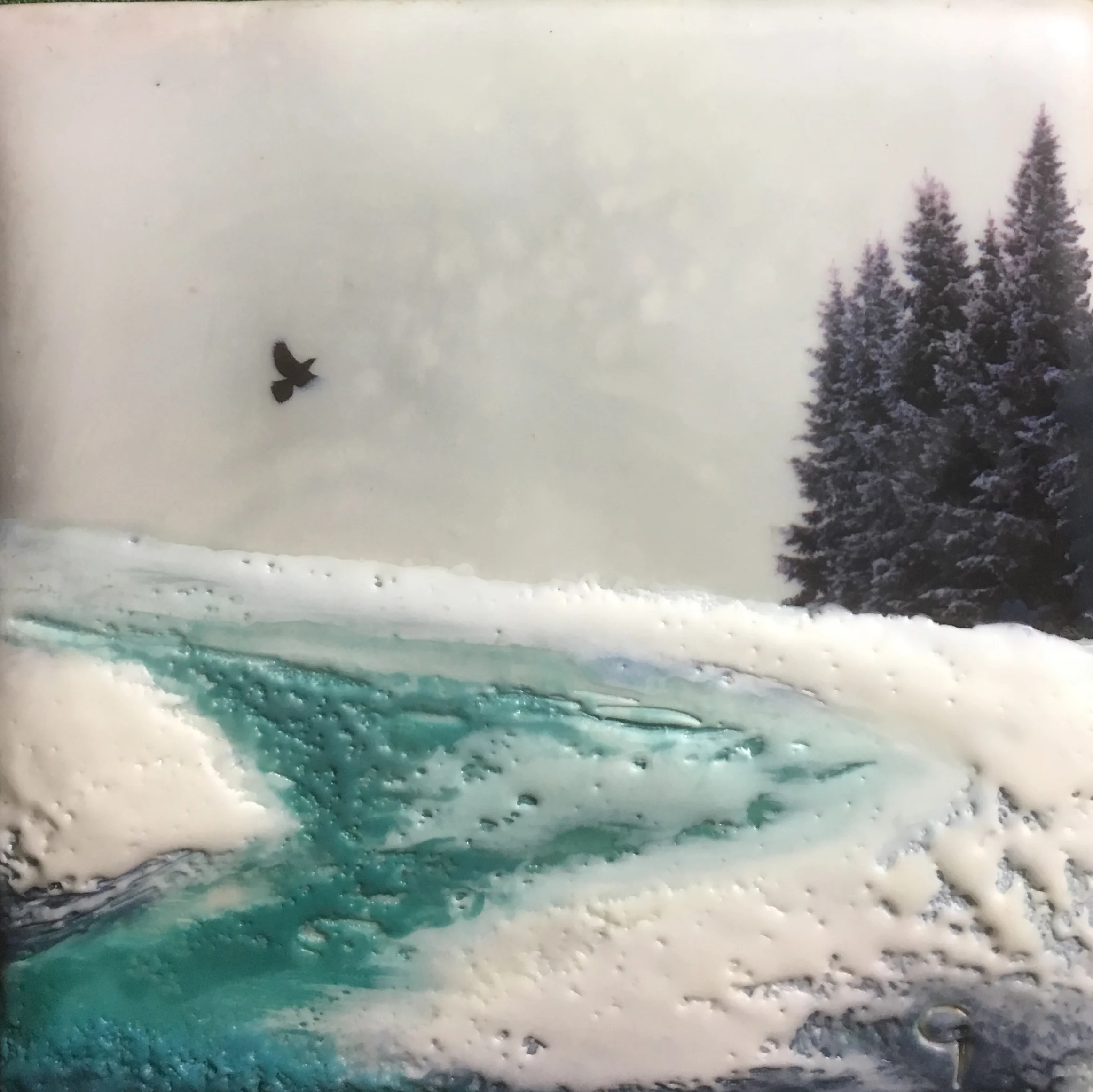 "Frost Heave” 4x4” framed encaustic mixed media on board SOLD 2018