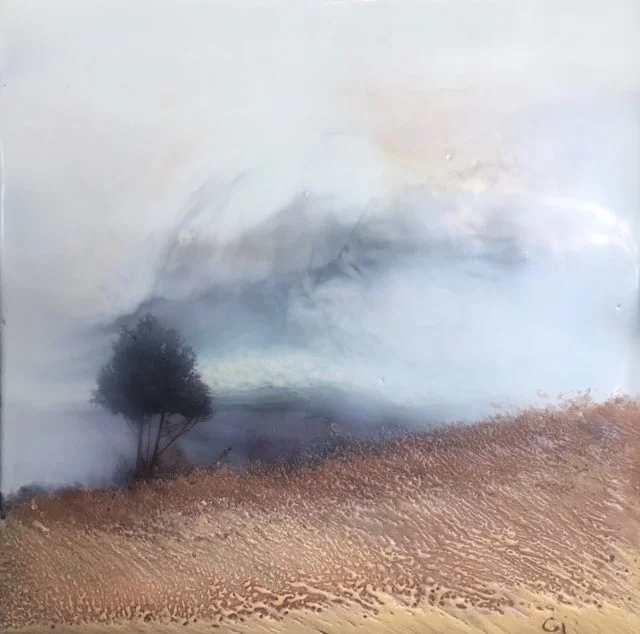 "Windswept” 6x6” framed encaustic mixed media on cradle board SOLD 2018