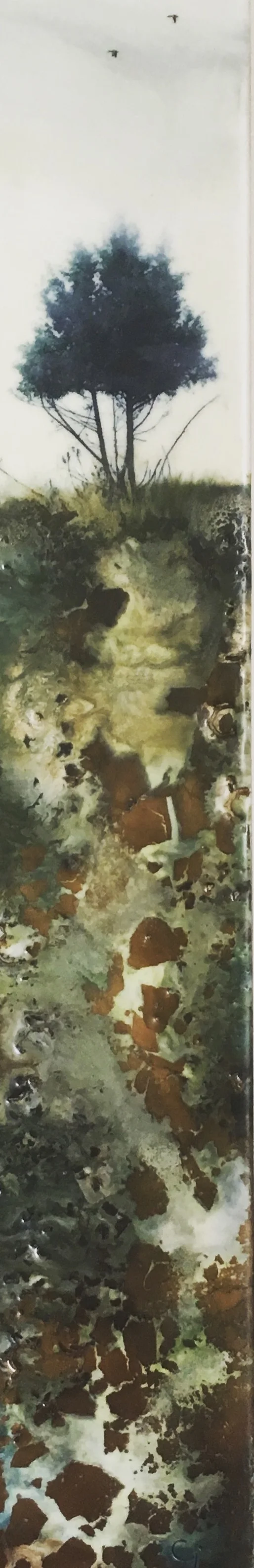 “Deeply Rooted” 3x18” unframed encaustic mixed media on cradle board SOLD 2019