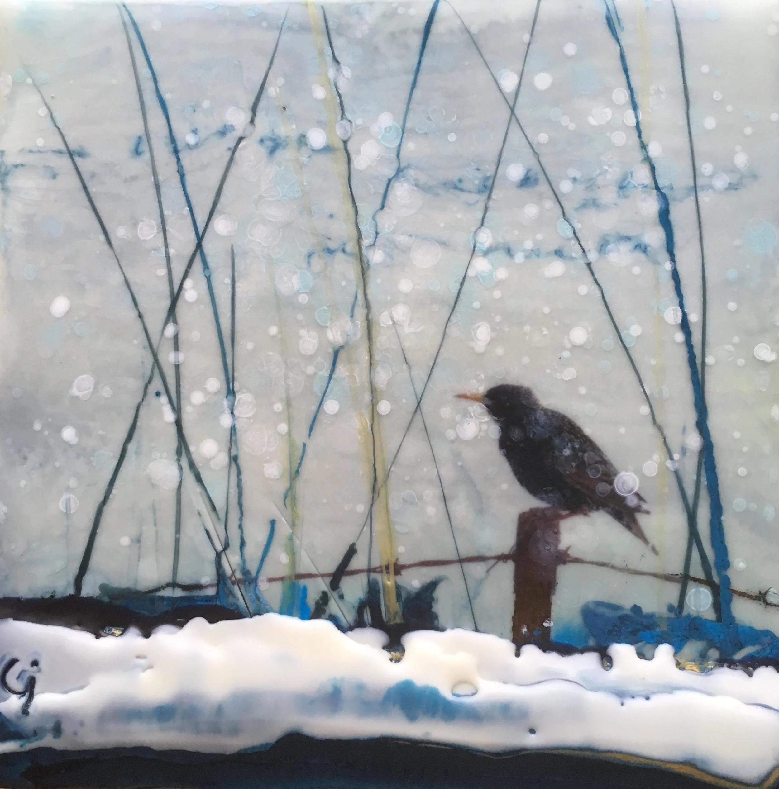 “Cold Snap” 6x6” unframed encaustic mixed media on cradle board SOLD 2019