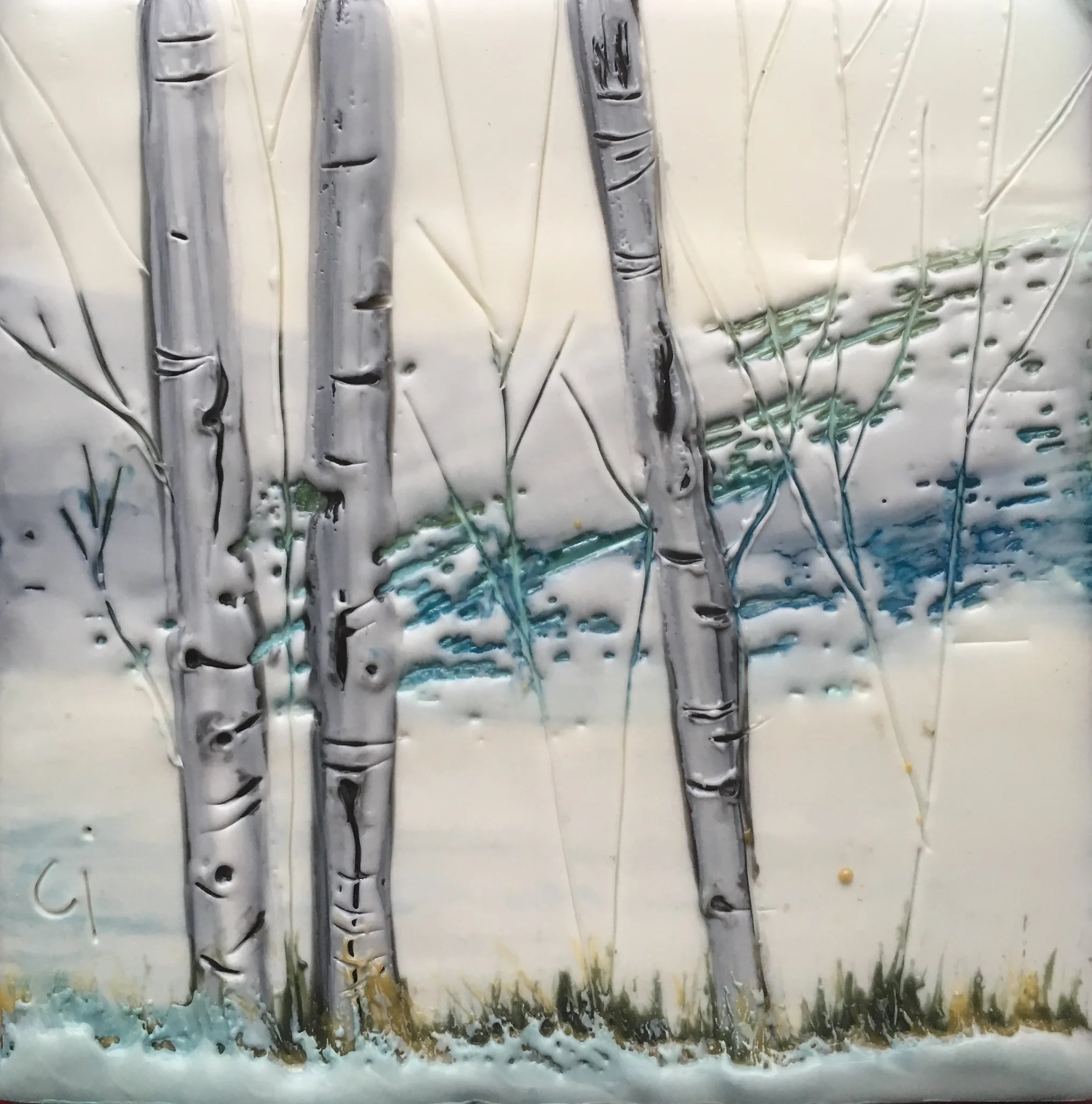 “Spring Breakup” 4x4” framed encaustic mixed media on board $100 CAD 2019