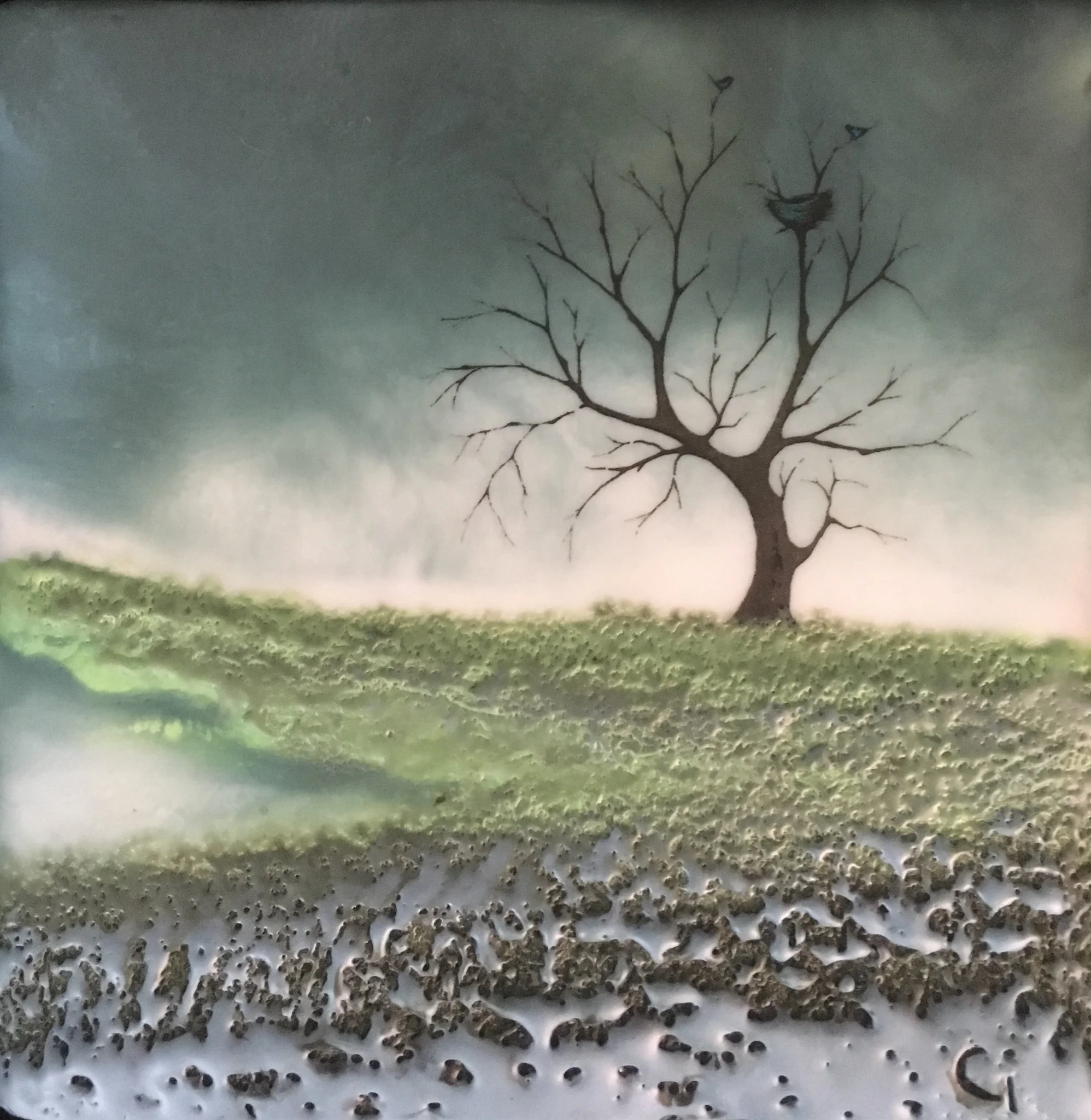 “Spring Storm” 4x4” framed encaustic mixed media on board $100 CAD 2019