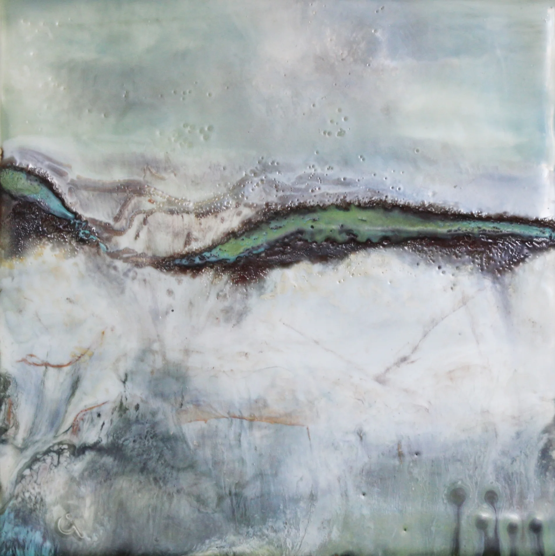 “Venture Forth” 8x8” unframed encaustic mixed media on cradle board $250 2019