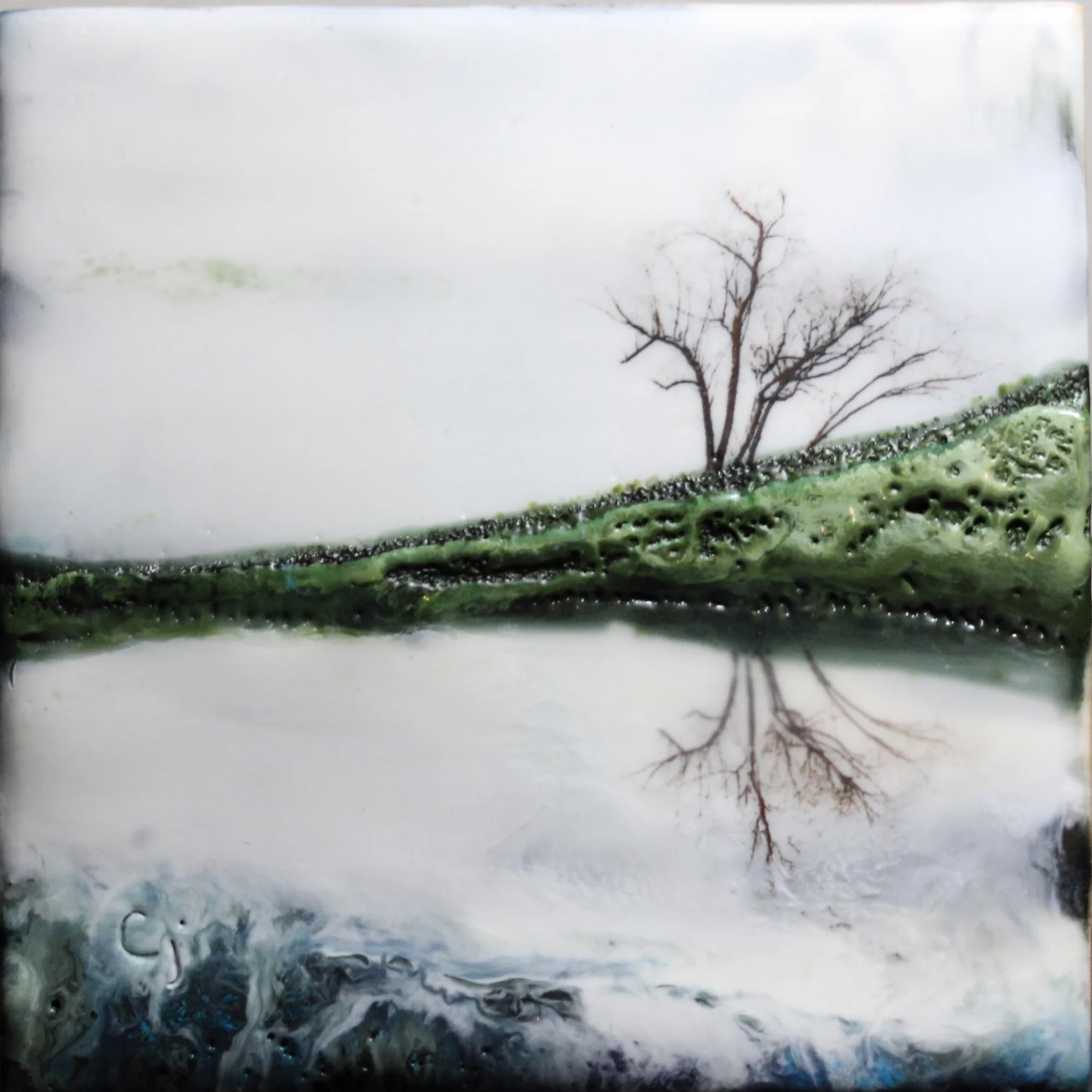 “Still Waters” 4x4” framed encaustic mixed media on board $100 CAD 2019