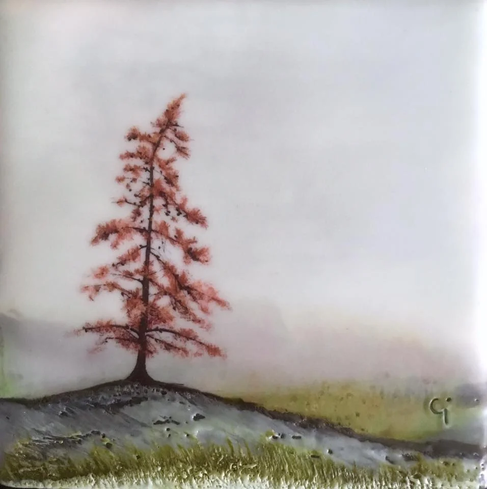“Hill and Dale” 4x4” framed encaustic mixed media on board $100 2019
