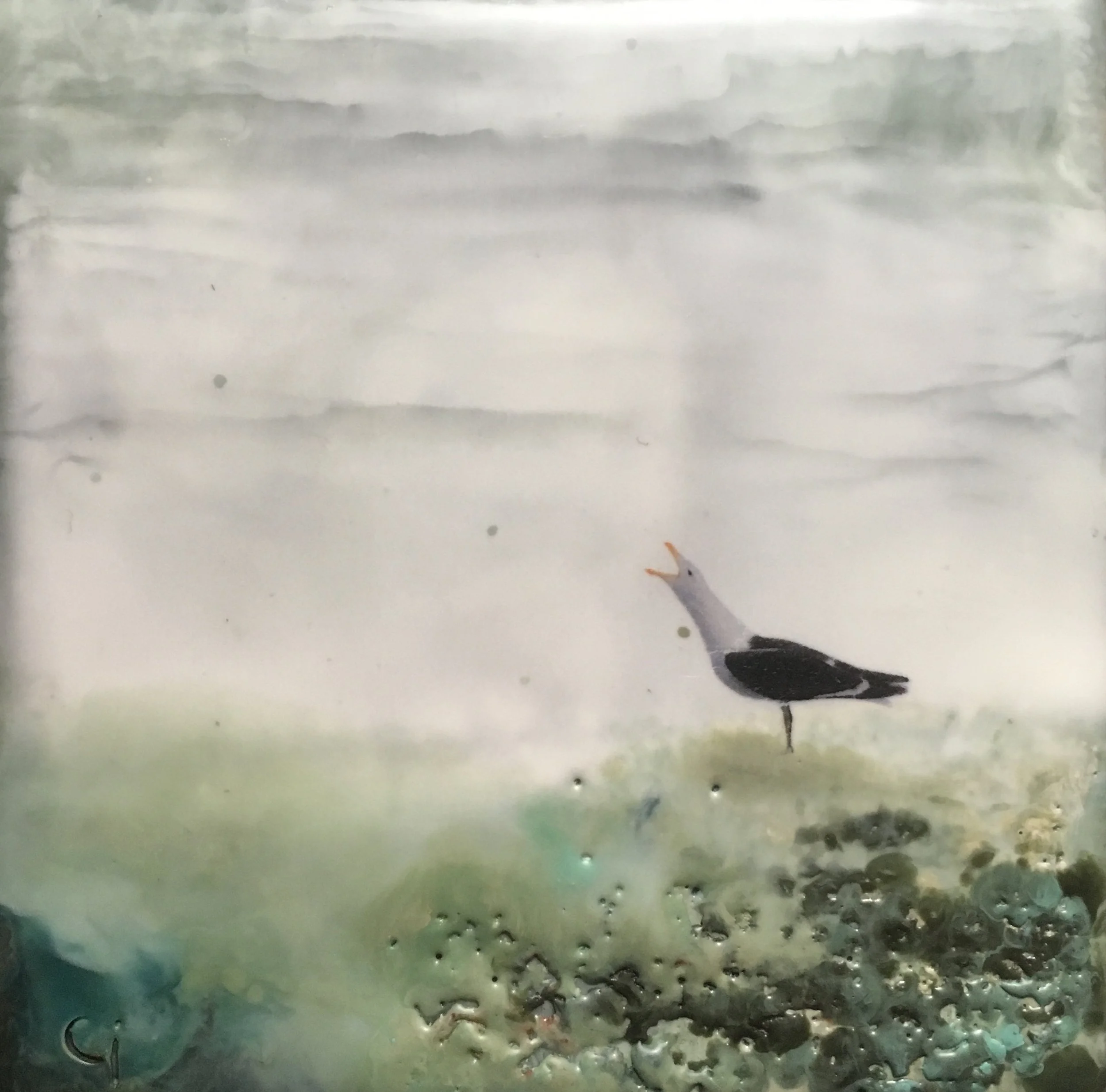 “Mine!” 4x4” framed encaustic mixed media on board $100 2019