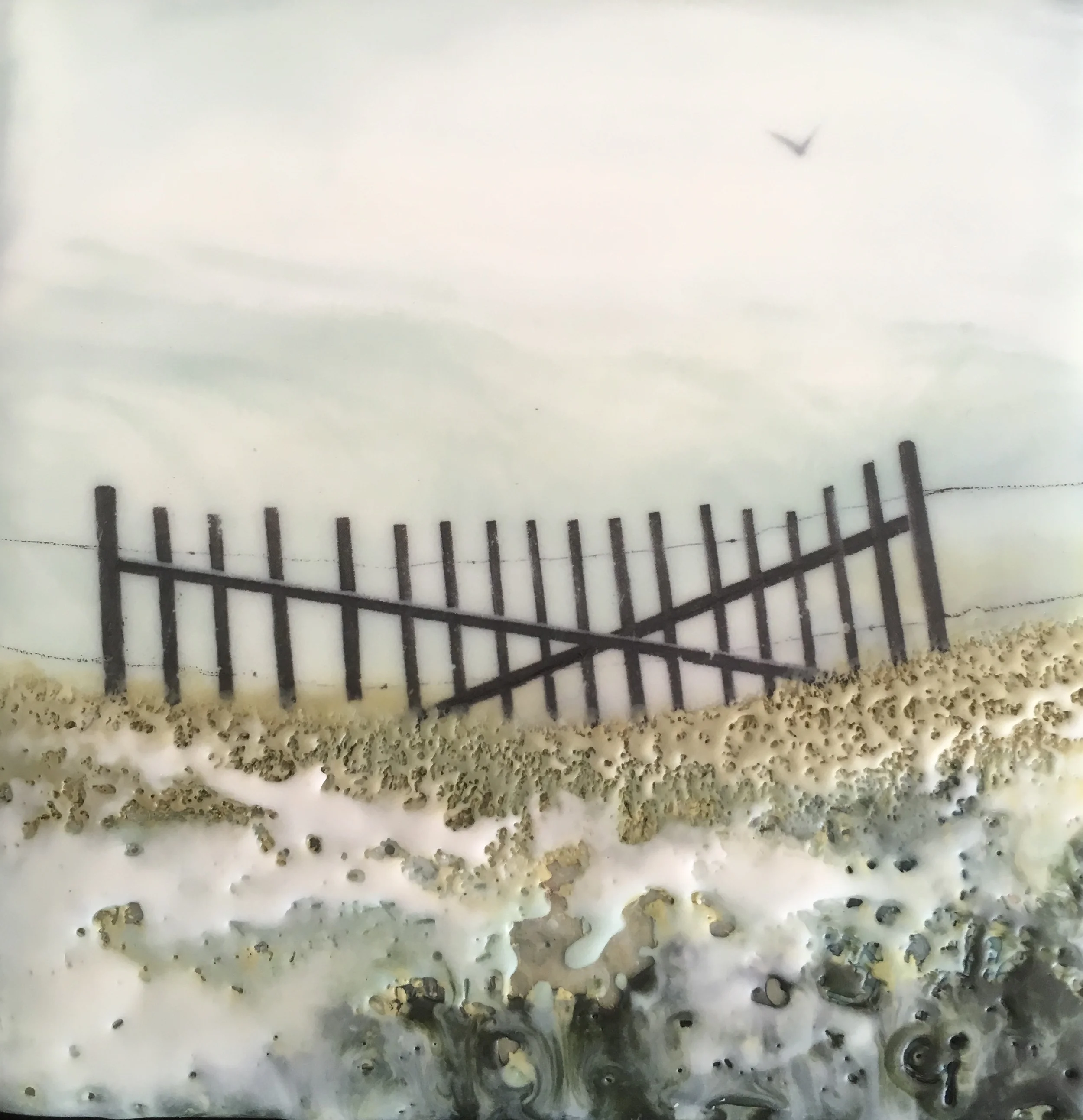 “Holding Back I” 4x4” framed encaustic mixed media on board $100 2019