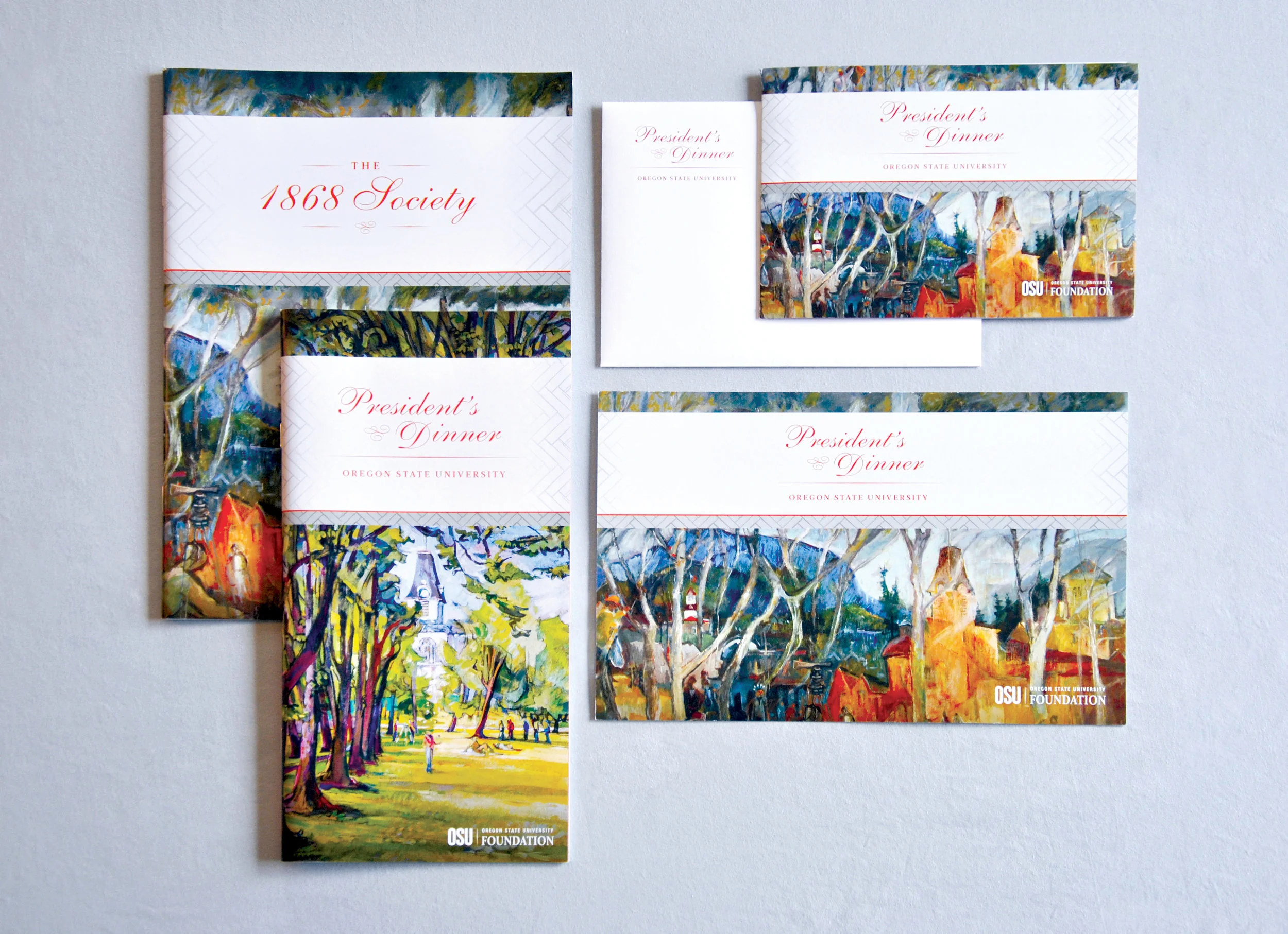   L to R (clockwise from top): booklet of all donors to OSU, invitation, save the date, and event program  