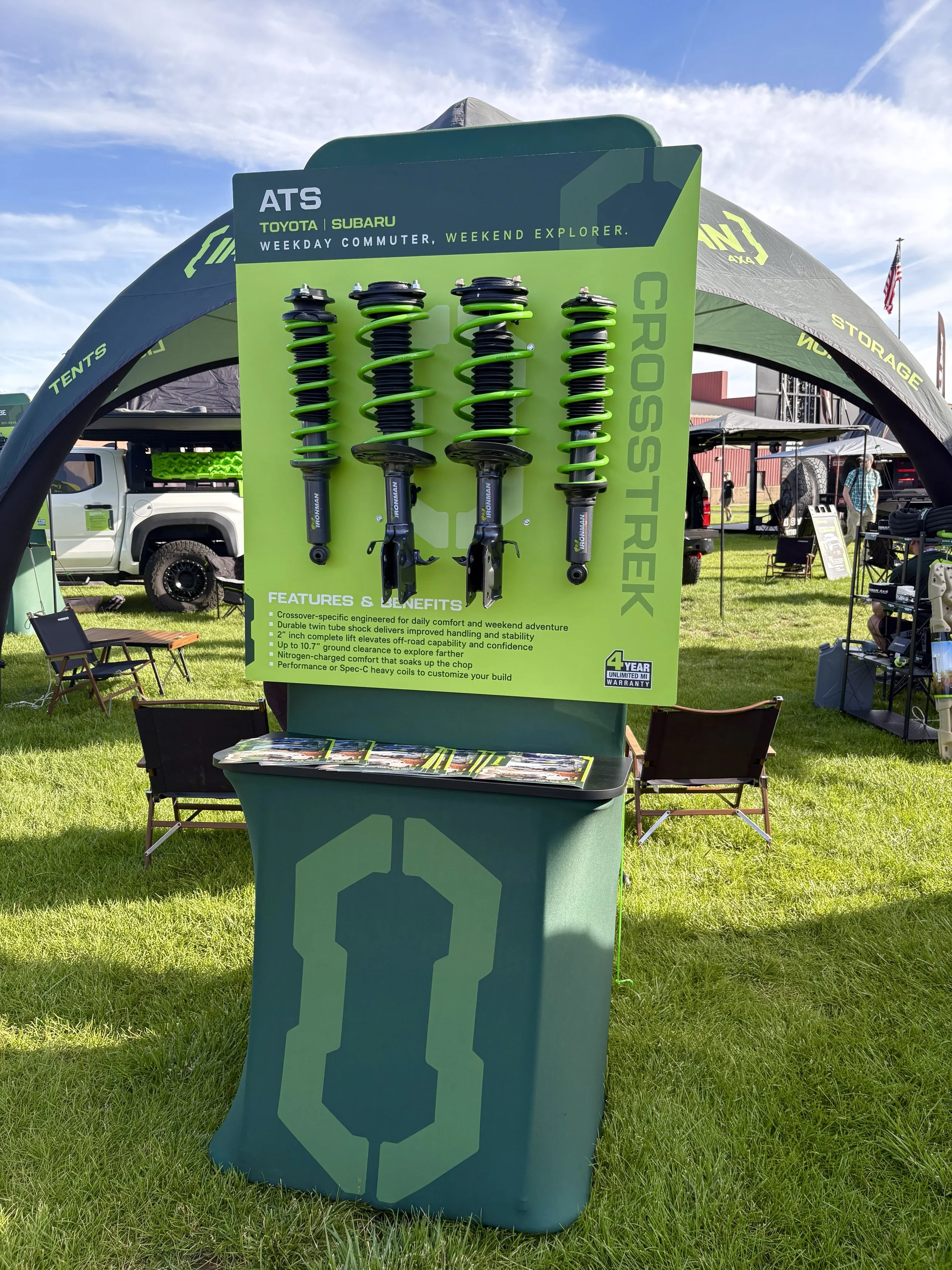   ATS Suspension display (for SUVs, CUVs) at Overland Expo.    An important way to separate from the competition was by showing complete kits (vs just a shock) and communicating the value of them in bullets, as a silent salesman. Challenge was findin