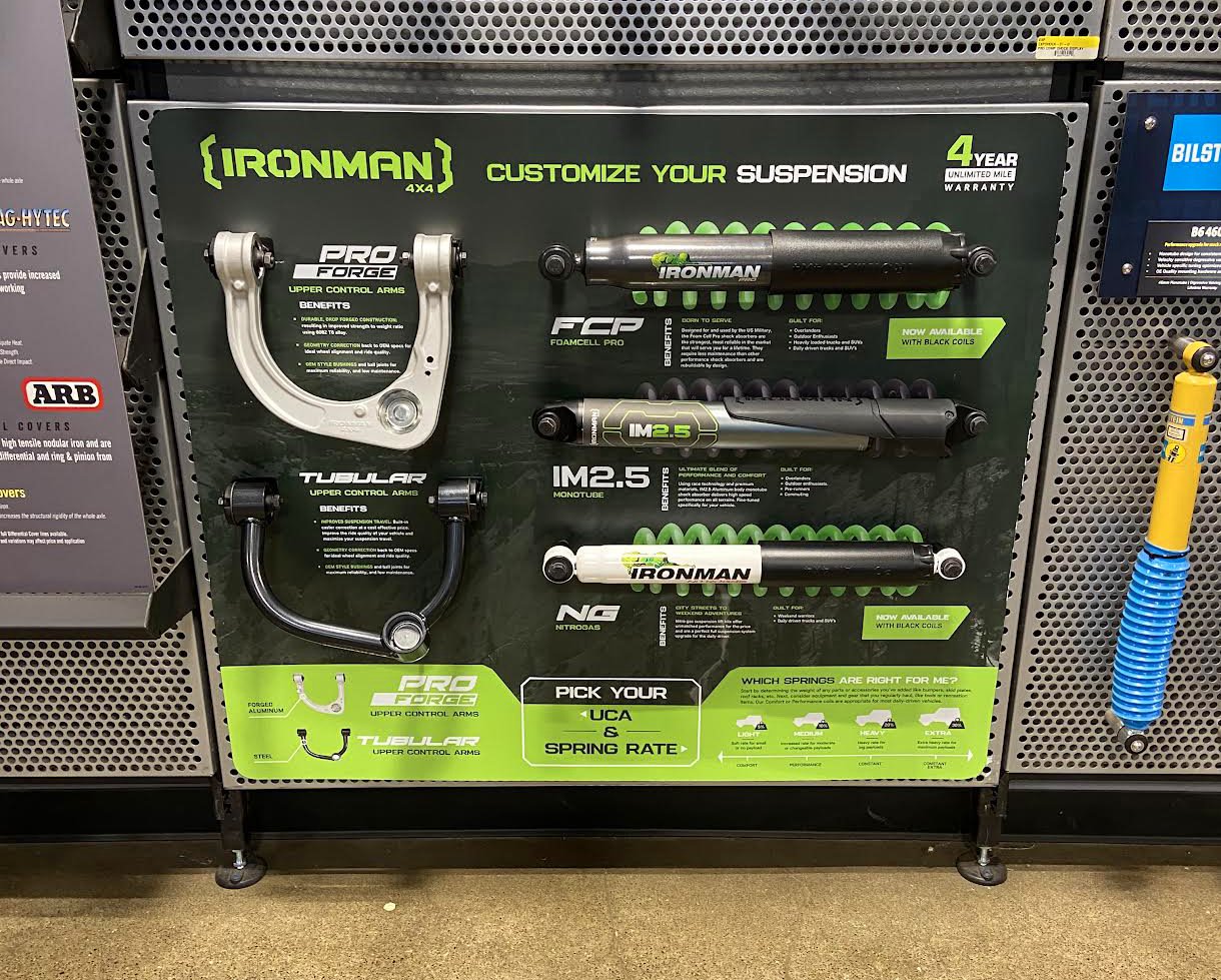   B2B in-store suspension display for Total Offroad &amp; More — parts mounted on .3 polystyrene  