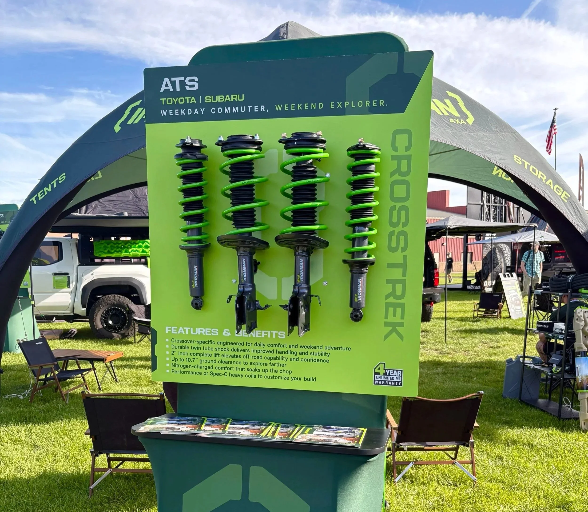   ATS Suspension display (for SUVs, CUVs) at Overland Expo.    An important way to separate from the competition at events was by showing complete kits (vs just a shock) and communicating the value of them in bullets, as a silent salesman.  