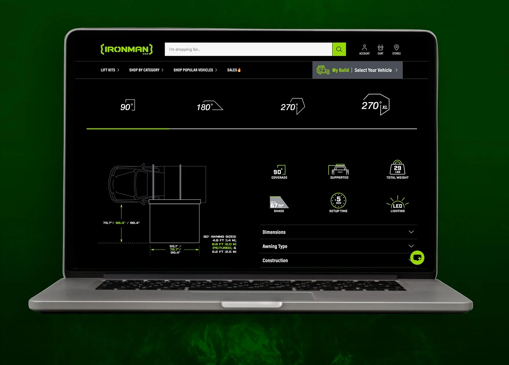   Icons, logos, diagrams, and layout for IRONMAN 4X4 awnings     landing page    