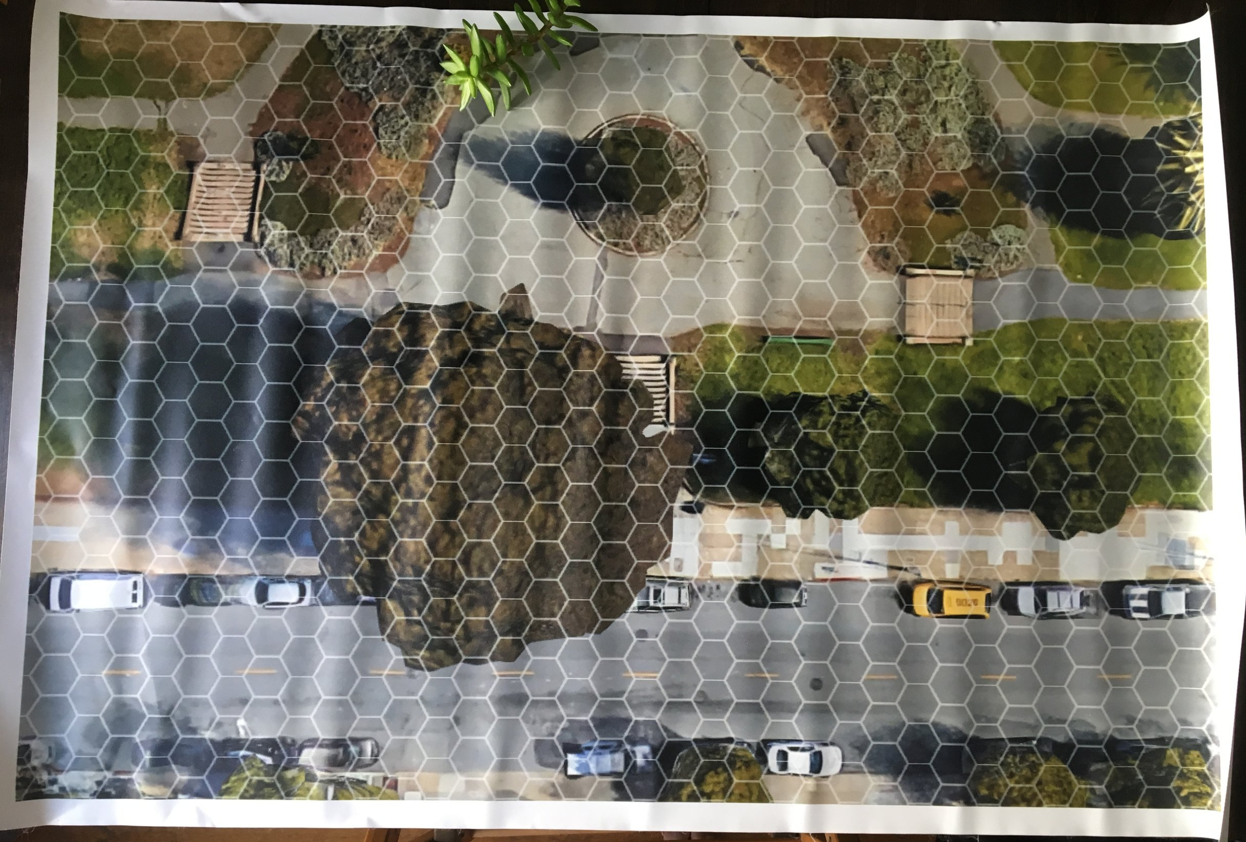 An early prototype of our hex playmat. We scoured Google Earth images of SF looking for suitable areas to fit our scenarios.