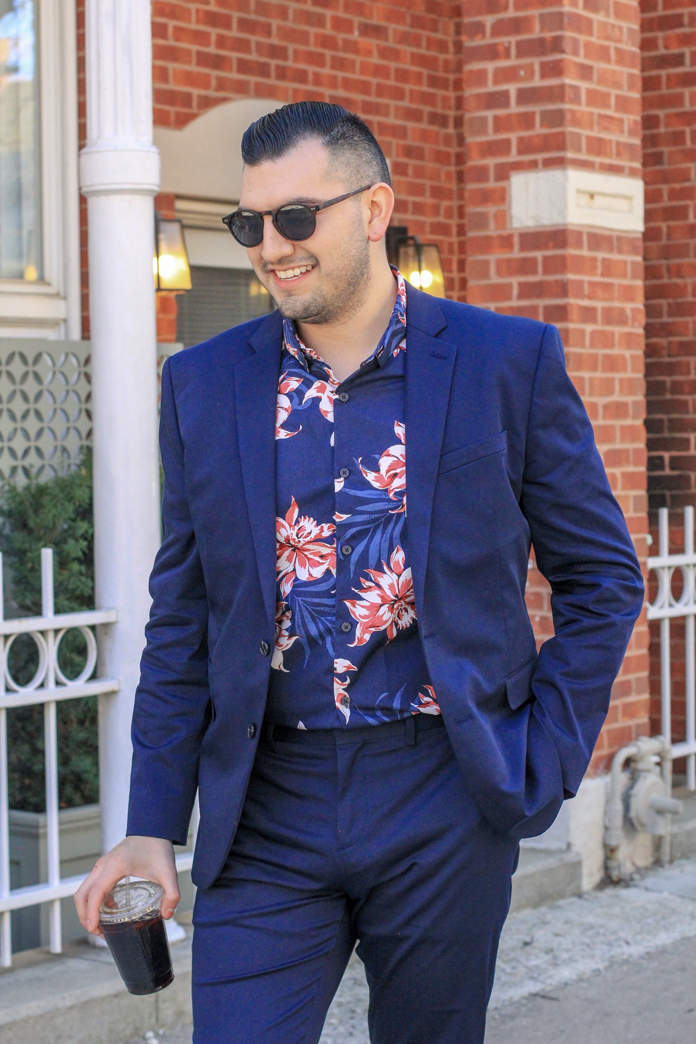 blue suit floral shirt