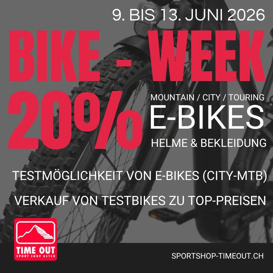 SOMMER-SALE &amp; BIKE-WEEK bei Time Out Uster! ☀️🚴&zwj;♀️

📅 Samstag, 13. Juni 2026

🔥 20% Rabatt auf das gesamte Sommersortiment
⚽ 30% Rabatt auf alle Fussb&auml;lle zum WM-Start
🚵 Bike-Week mit Testm&ouml;glichkeiten f&uuml;r E-Bikes (City &am