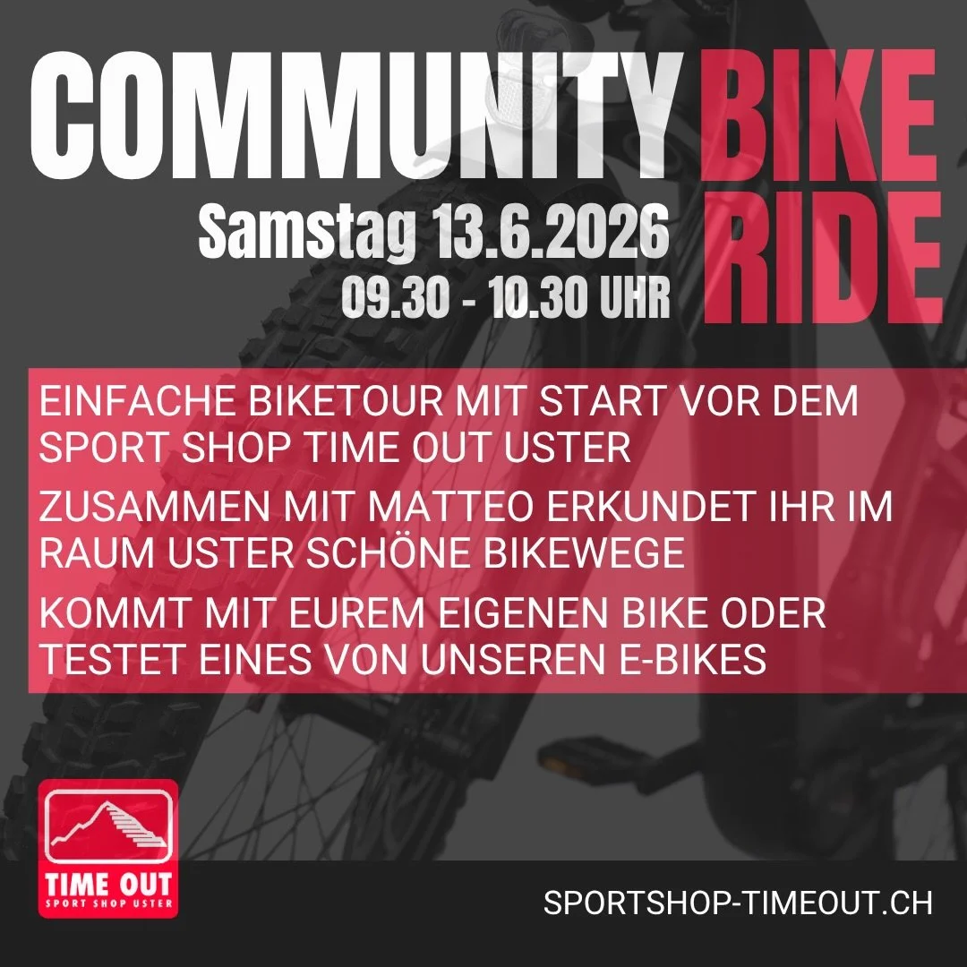 COMMUNITY BIKE RIDE 2026 🚵&zwj;♀️

Lust auf eine gem&uuml;tliche Biketour in guter Gesellschaft? Dann komm mit uns auf die erste Community Bike Ride des Jahres!

📅 Samstag, 13. Juni 2026
⏰ 09:30 &ndash; 10:30 Uhr
📍 Start beim Sport Shop Time Out U
