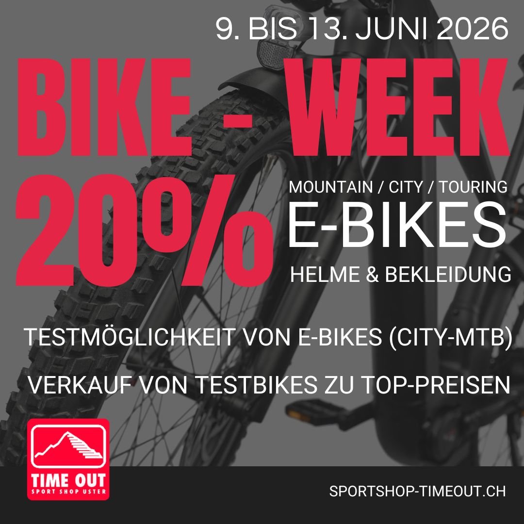 SOMMER-SALE &amp; BIKE-WEEK bei Time Out Uster! ☀️🚴&zwj;♀️

📅 Samstag, 13. Juni 2026

🔥 20% Rabatt auf das gesamte Sommersortiment
⚽ 30% Rabatt auf alle Fussb&auml;lle zum WM-Start
🚵 Bike-Week mit Testm&ouml;glichkeiten f&uuml;r E-Bikes (City &am