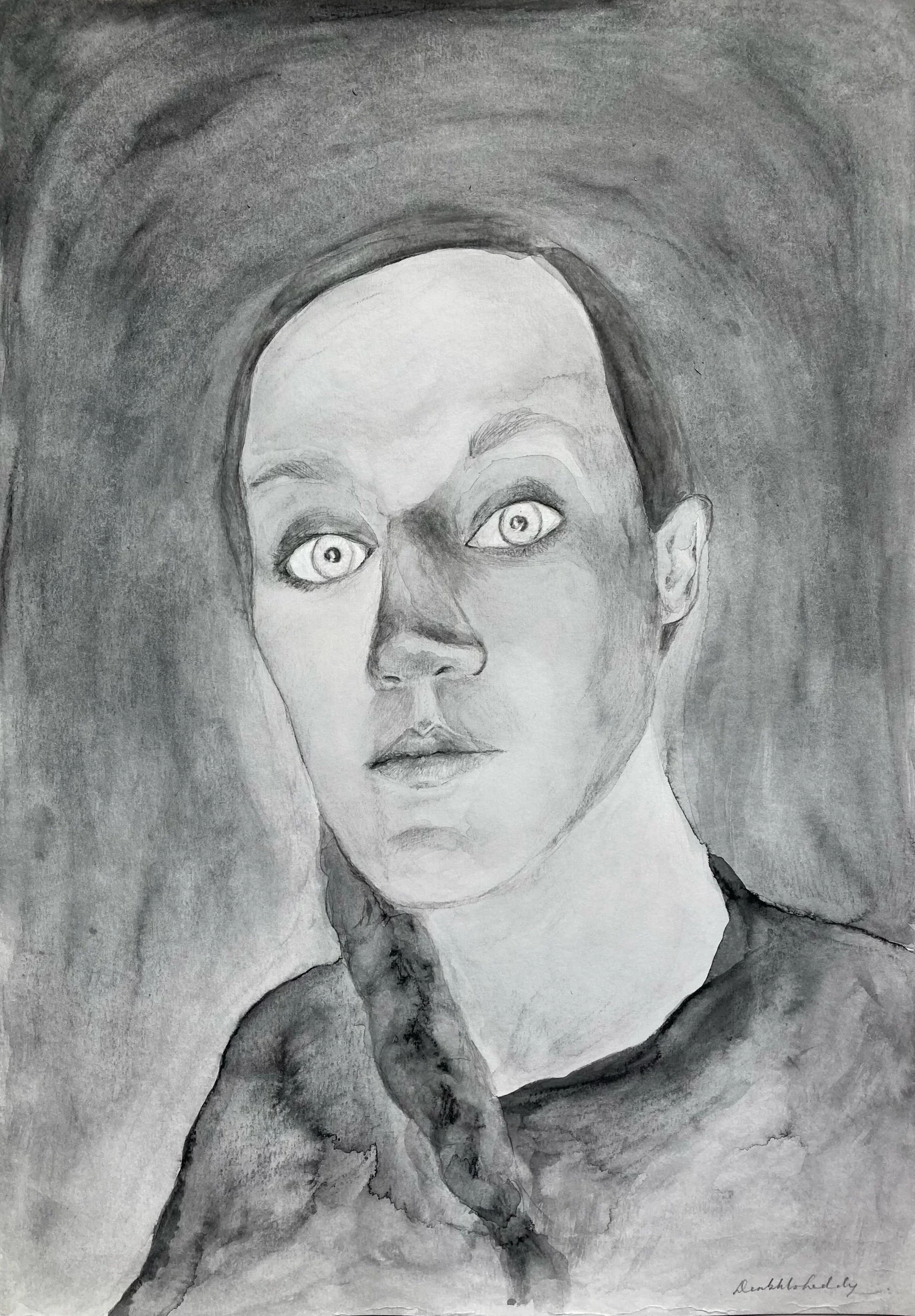 Self-portrait, pencil, graphite and water-soluble wax pastels on paper, 41.5 x 29 cm