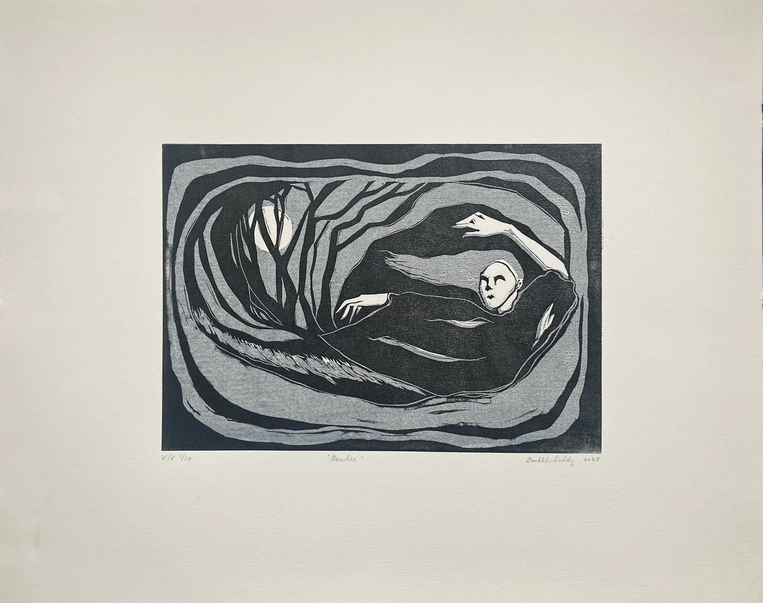 'Banshee', double-block linocut, 50 x 40 cm, 2025