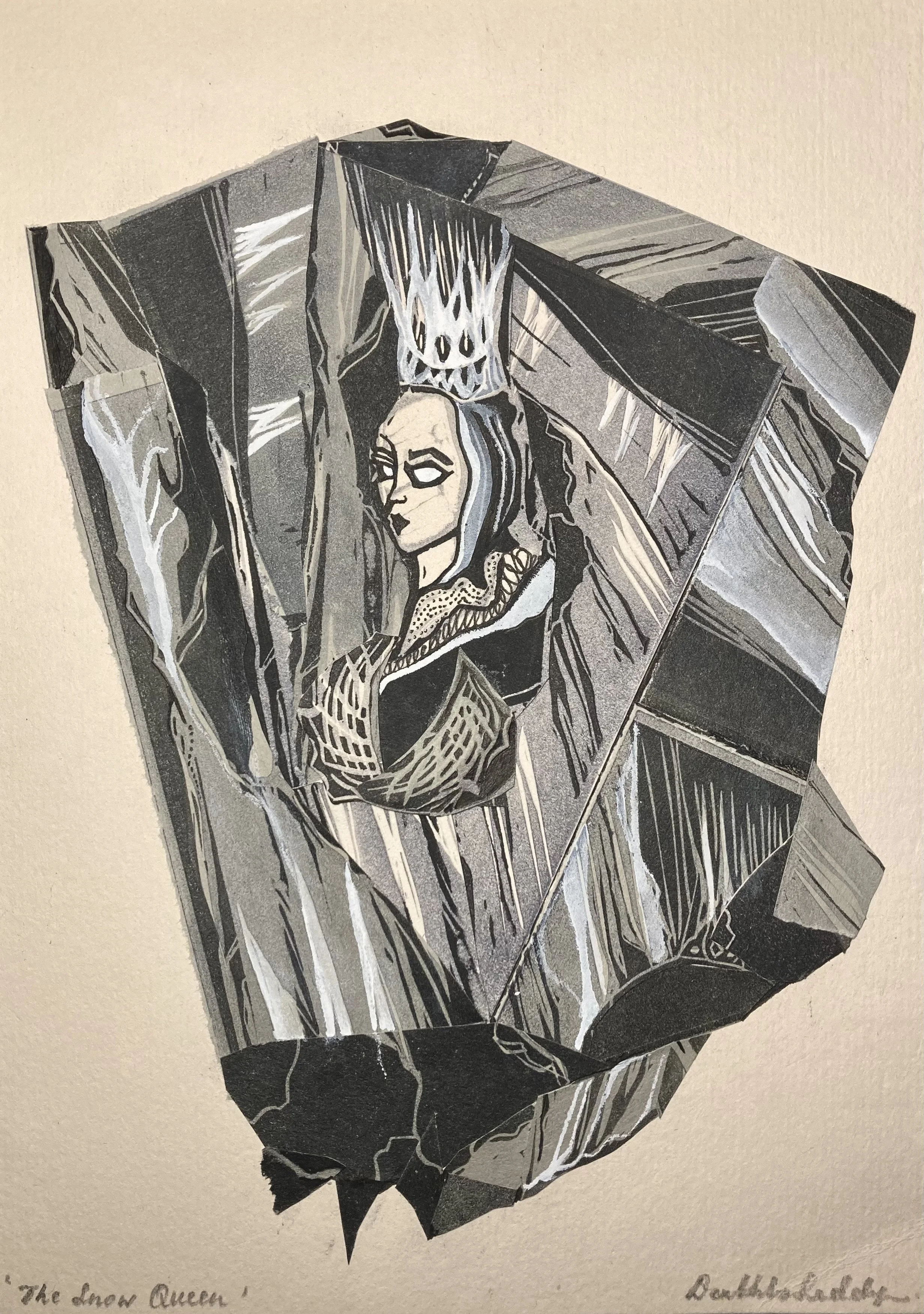 The Snow Queen, 22 x 16 cm approx. - Lino collage, gouache and pen on Fabriano paper, 2025.