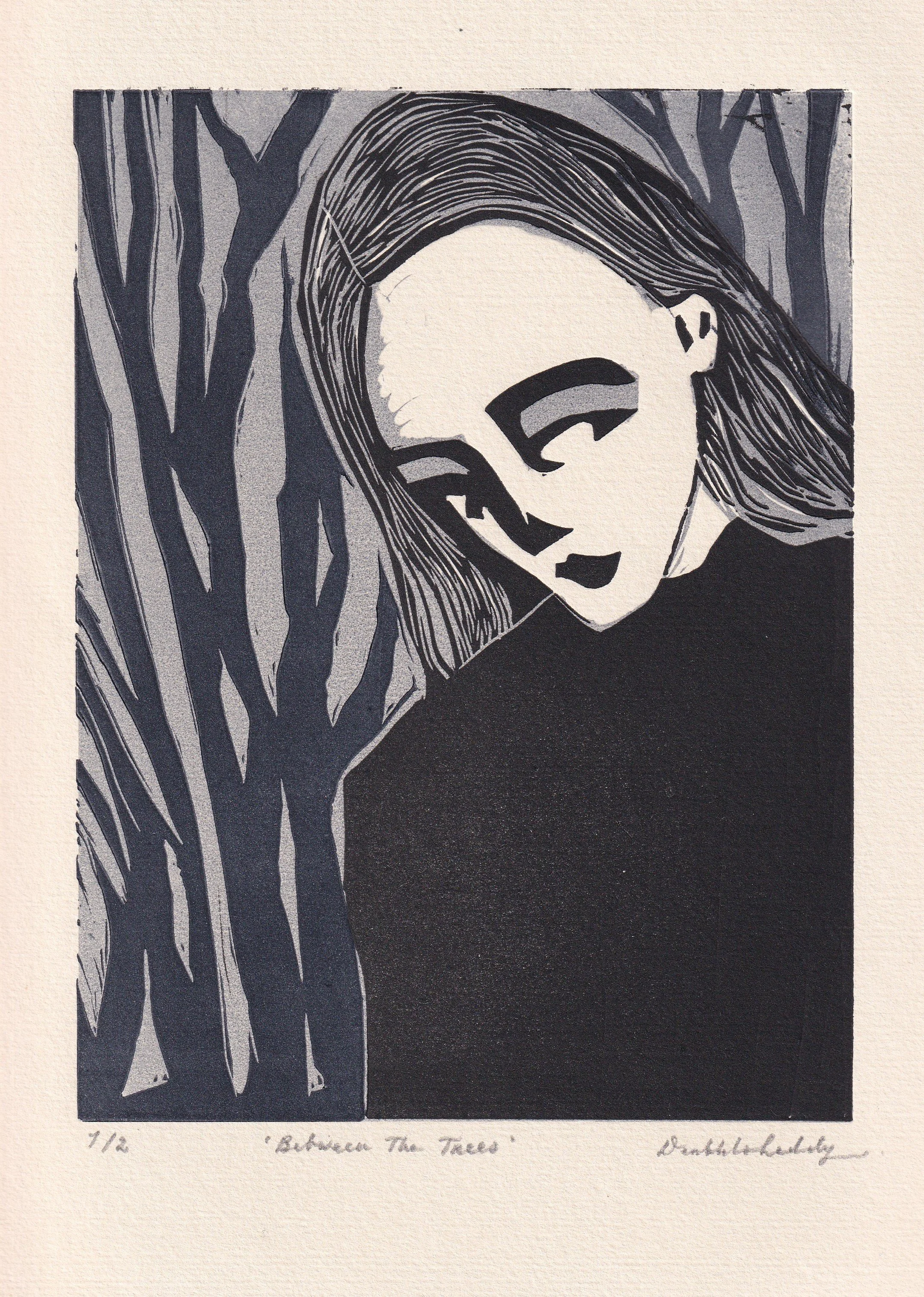 'Between The Trees', three block linocut, full size 35 x 25 cm, 2026